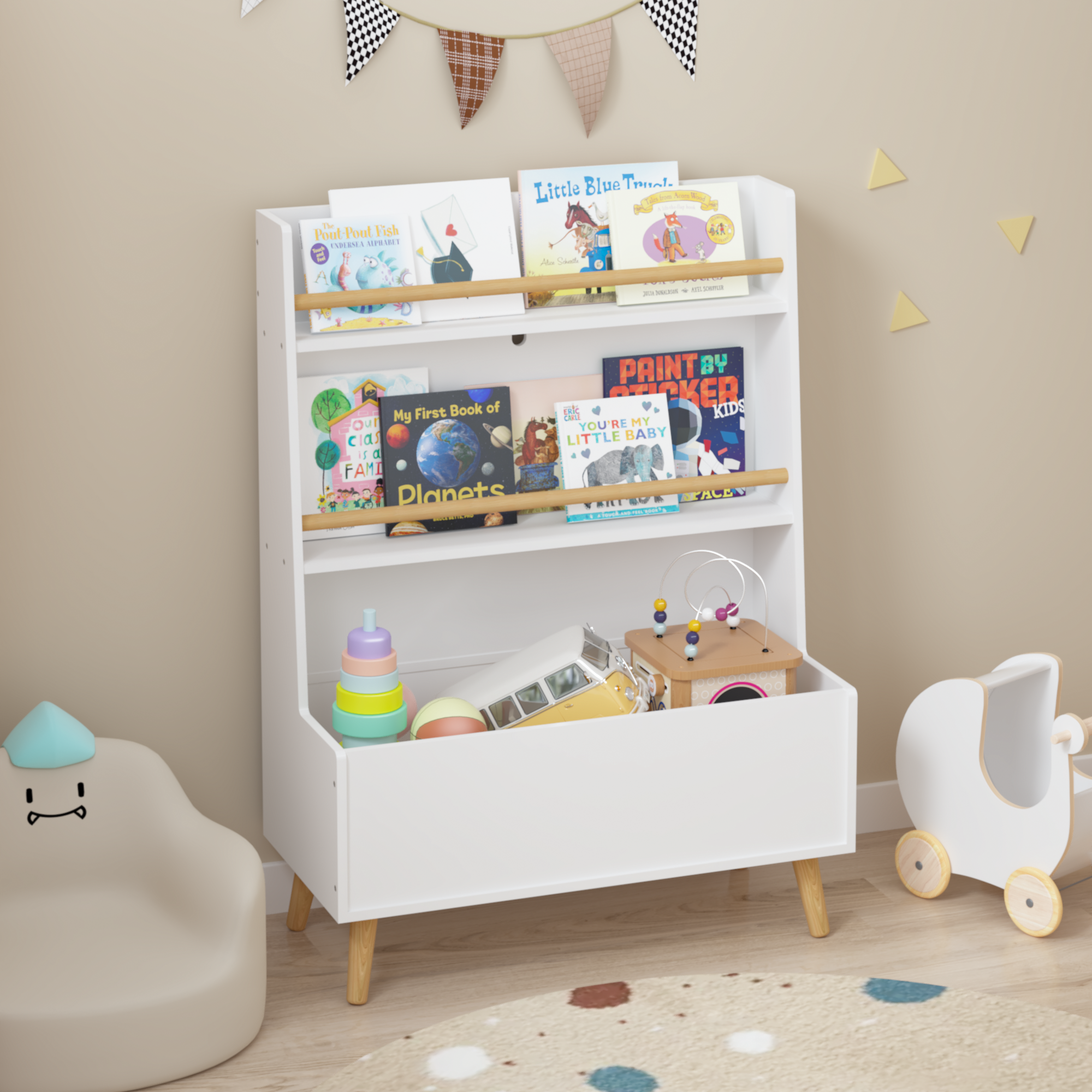 Anmytek White Kids Bookshelf Book Magazine Rack Toy Storage Organizer for Playroom Bedroom