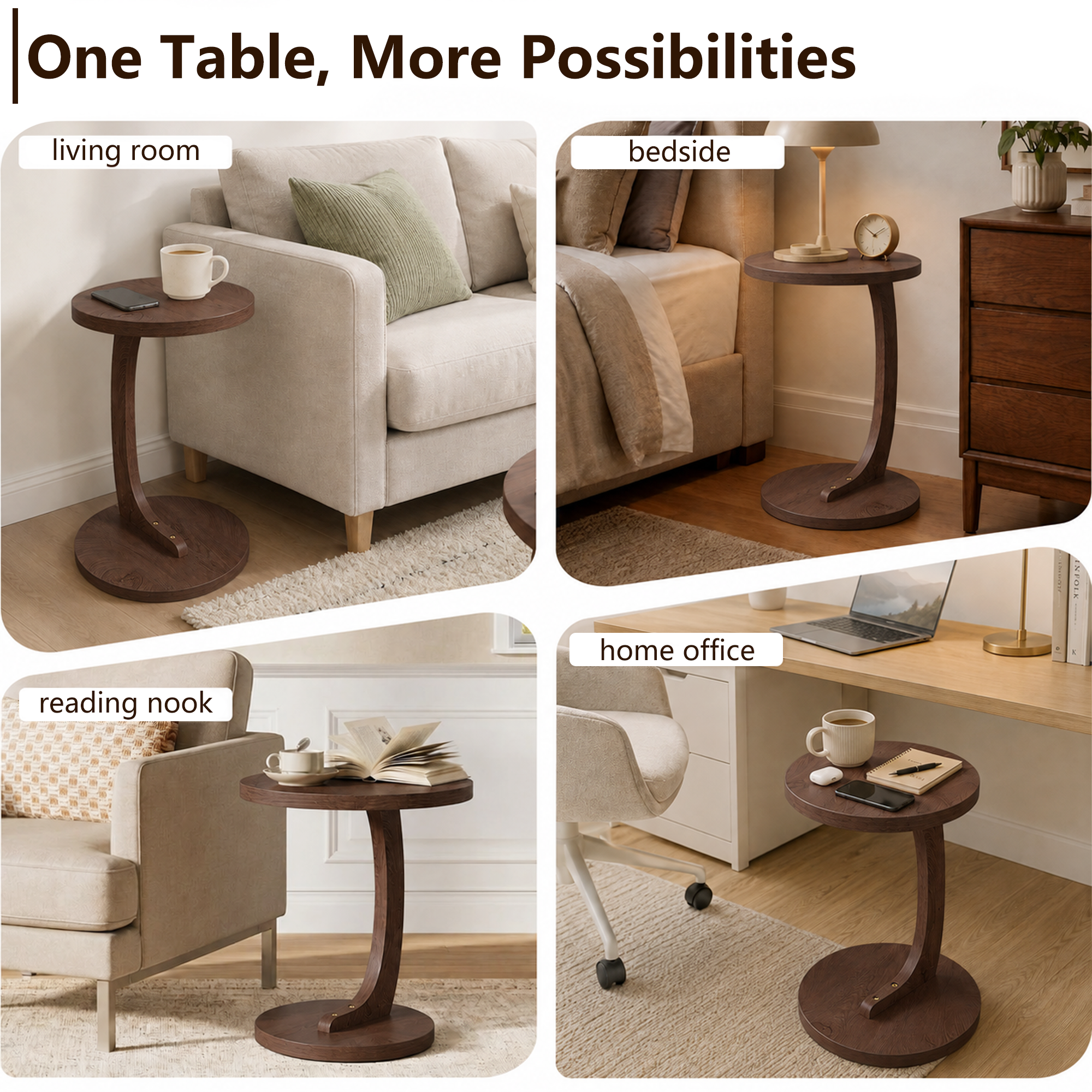 Anmytek C-Shaped End Table 14.96 x 21.65 Walnut Wood Grain Sofa Side Table Sturdy Base Narrow Snack C Table for Small Spaces Living Room Bedroom Bedside Home Office