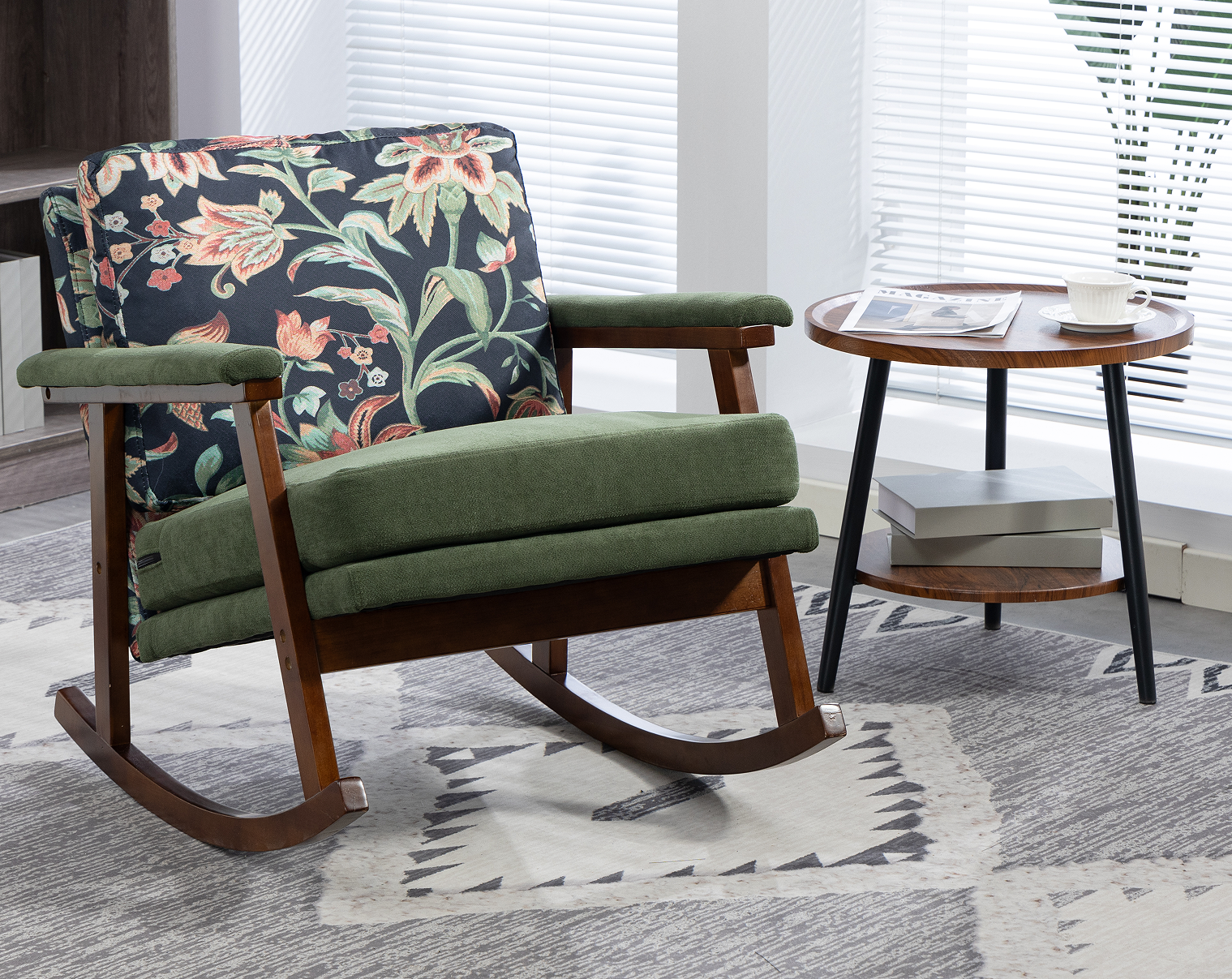 Anmytek Mid Century Modern Rocking Chair Solid Wood Frame Upholstered Accent Armchair for Living Room Bedroom Sunroom Reading