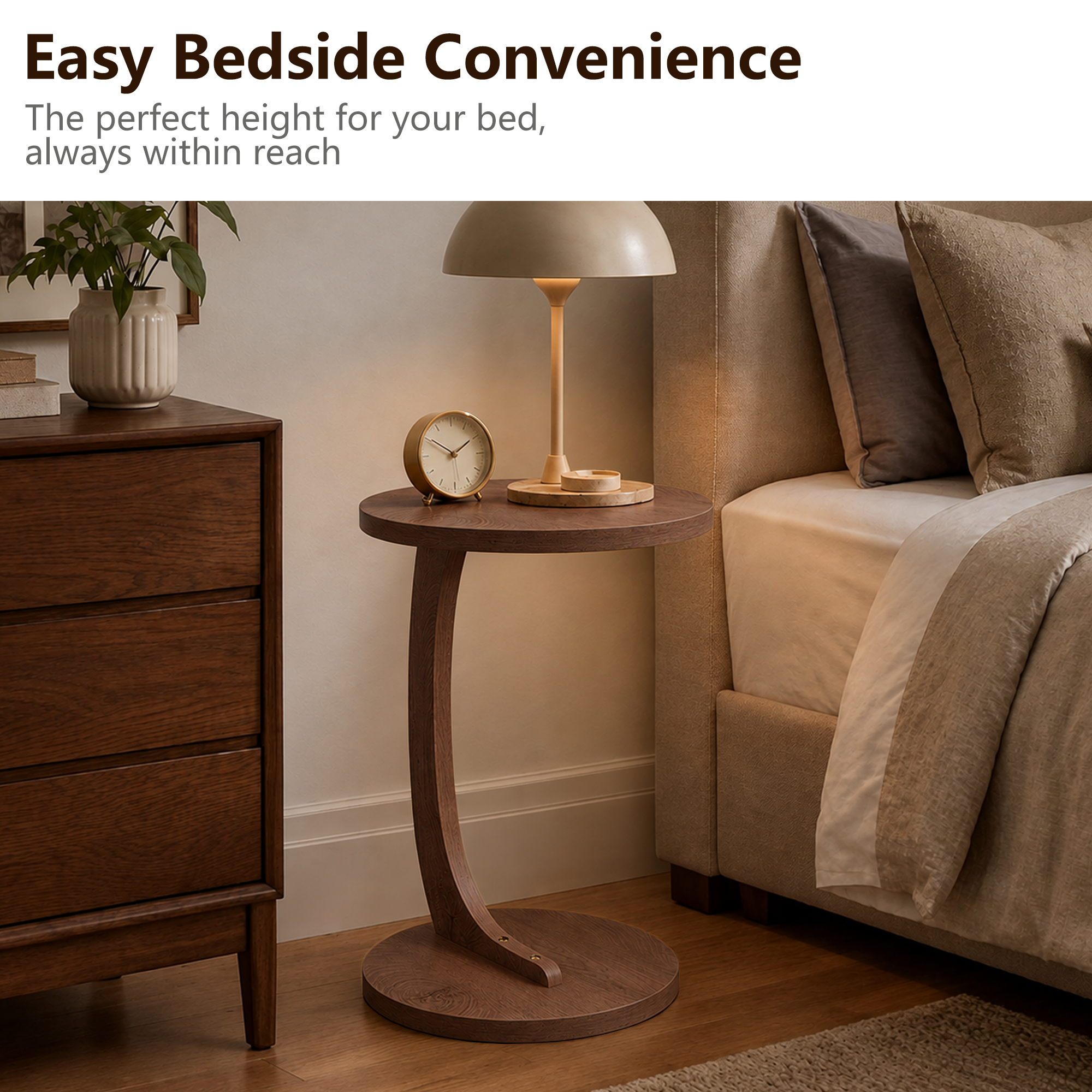 Anmytek C-Shaped End Table 14.96 x 21.65 Walnut Wood Grain Sofa Side Table Sturdy Base Narrow Snack C Table for Small Spaces Living Room Bedroom Bedside Home Office