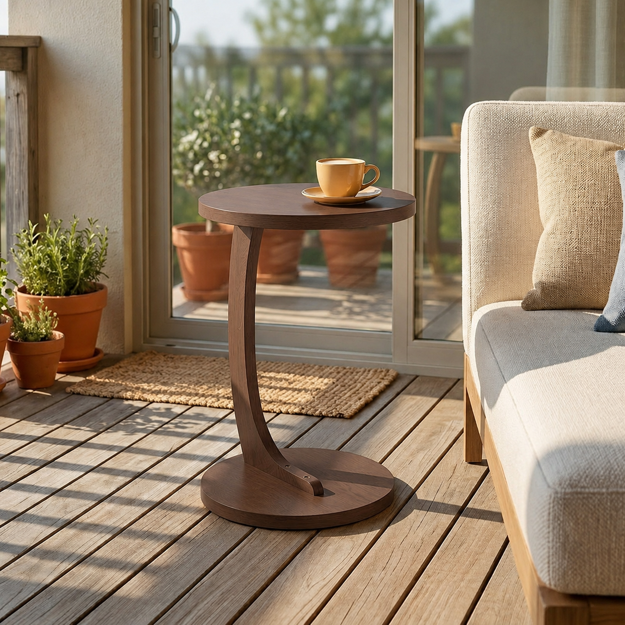 Anmytek C-Shaped End Table 14.96 x 21.65 Walnut Wood Grain Sofa Side Table Sturdy Base Narrow Snack C Table for Small Spaces Living Room Bedroom Bedside Home Office