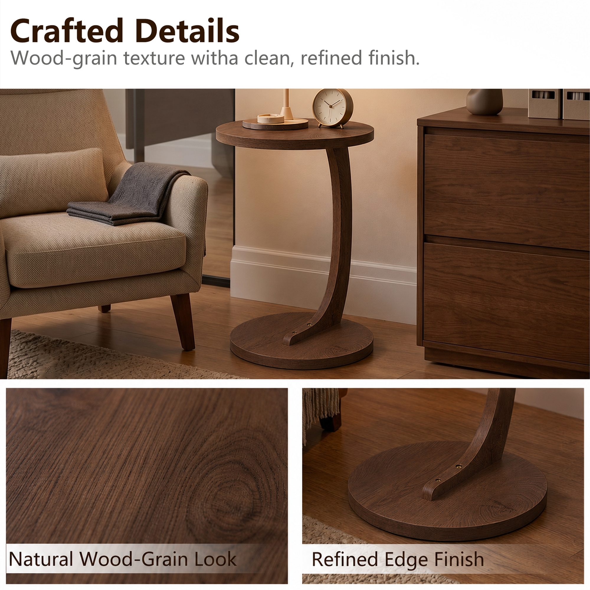 Anmytek C-Shaped End Table 14.96 x 21.65 Walnut Wood Grain Sofa Side Table Sturdy Base Narrow Snack C Table for Small Spaces Living Room Bedroom Bedside Home Office