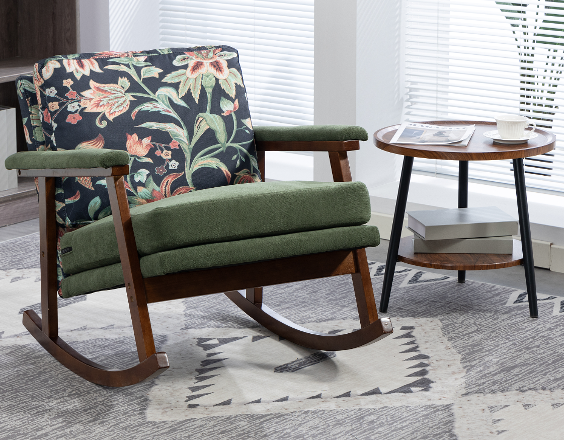 Anmytek Mid Century Modern Rocking Chair Solid Wood Frame Upholstered Accent Armchair for Living Room Bedroom Sunroom Reading