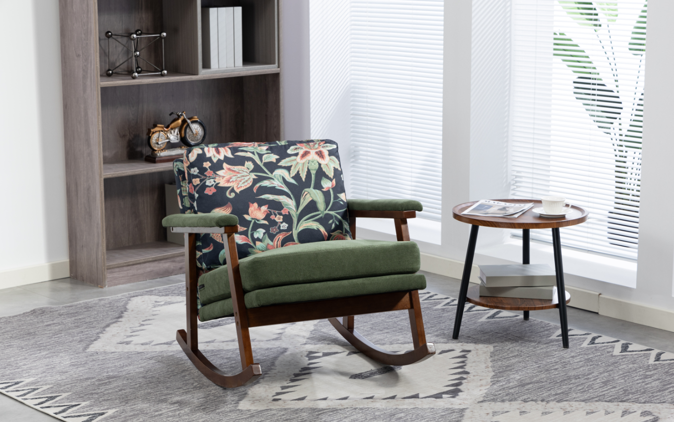 Anmytek Mid Century Modern Rocking Chair Solid Wood Frame Upholstered Accent Armchair for Living Room Bedroom Sunroom Reading