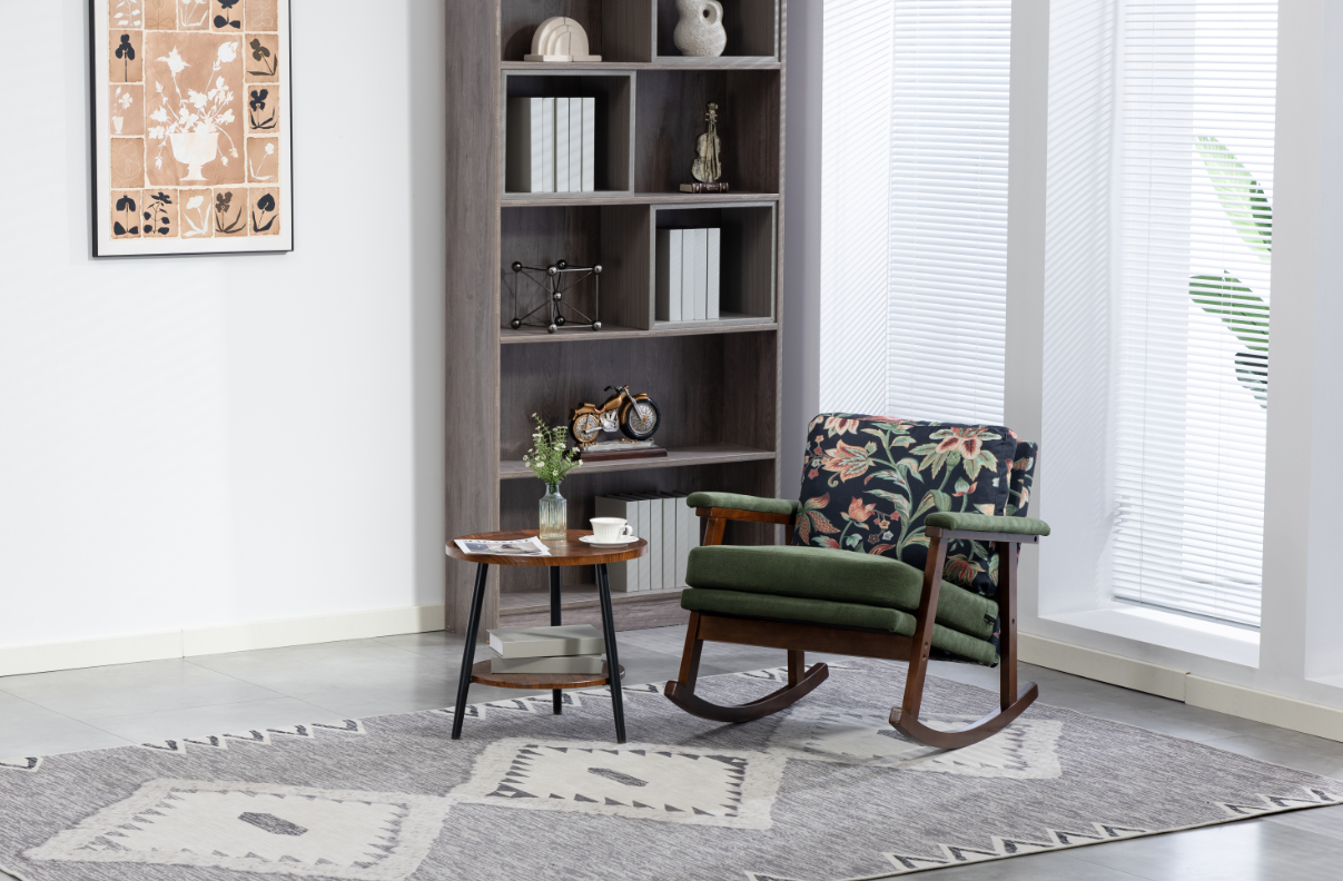 Anmytek Mid Century Modern Rocking Chair Solid Wood Frame Upholstered Accent Armchair for Living Room Bedroom Sunroom Reading