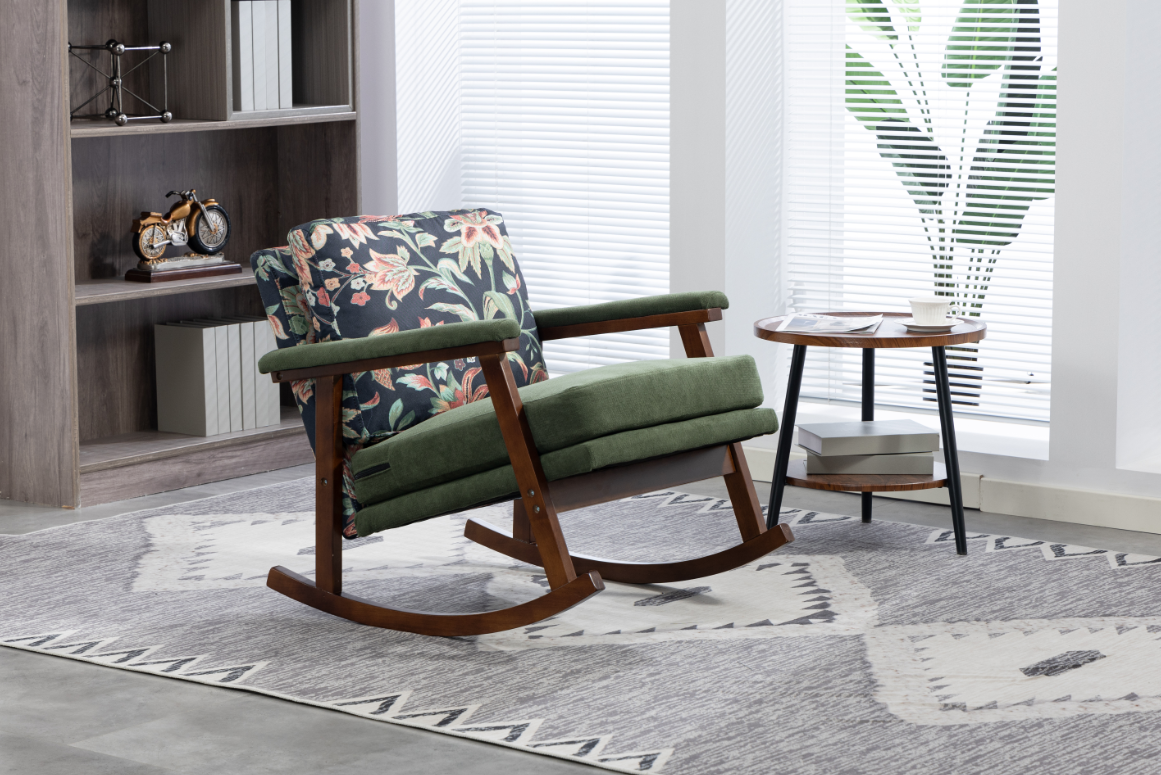 Anmytek Mid Century Modern Rocking Chair Solid Wood Frame Upholstered Accent Armchair for Living Room Bedroom Sunroom Reading