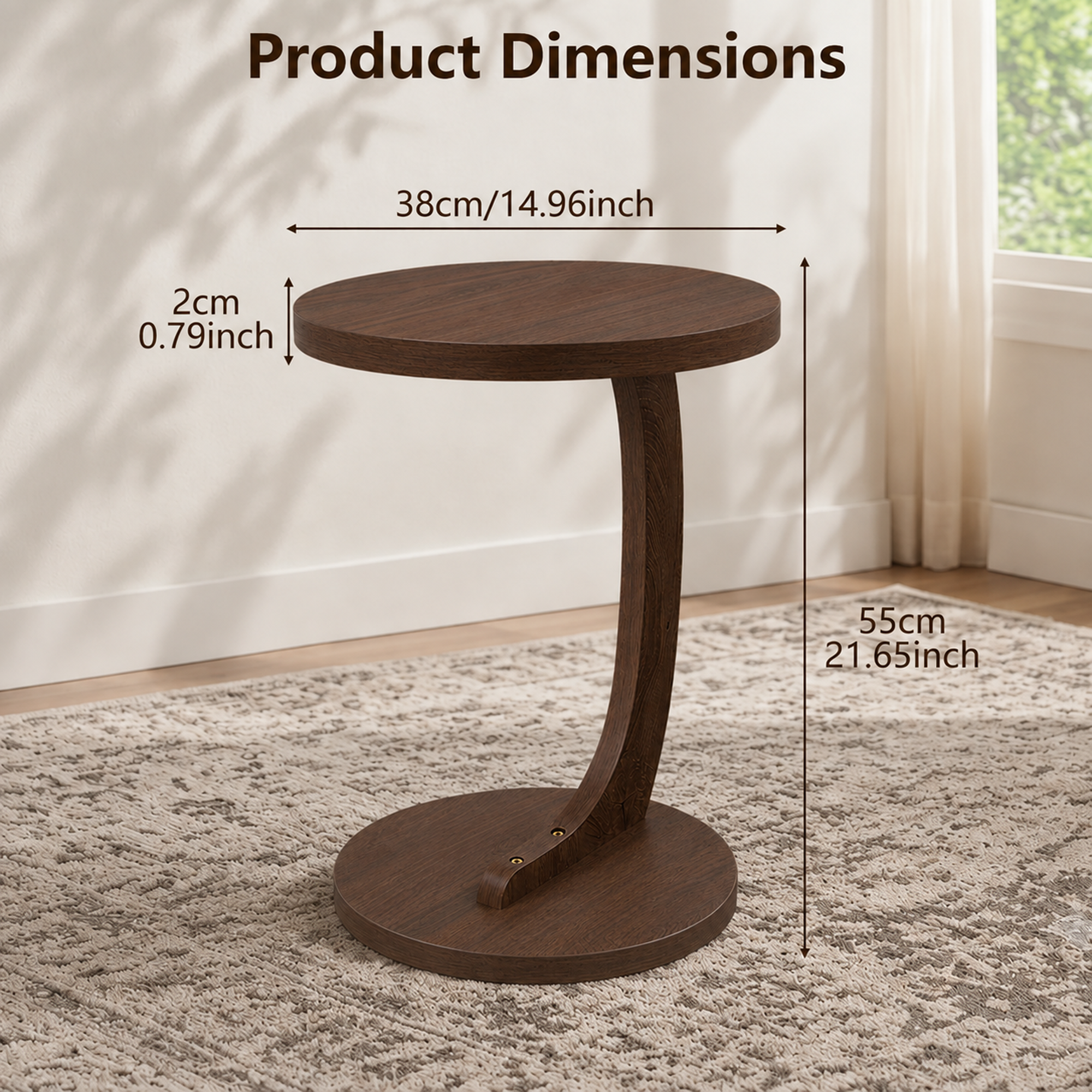Anmytek C-Shaped End Table 14.96 x 21.65 Walnut Wood Grain Sofa Side Table Sturdy Base Narrow Snack C Table for Small Spaces Living Room Bedroom Bedside Home Office