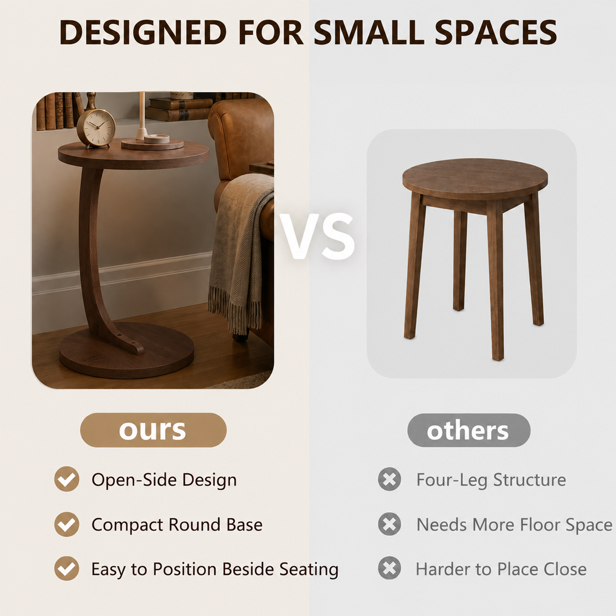 Anmytek C-Shaped End Table 14.96 x 21.65 Walnut Wood Grain Sofa Side Table Sturdy Base Narrow Snack C Table for Small Spaces Living Room Bedroom Bedside Home Office