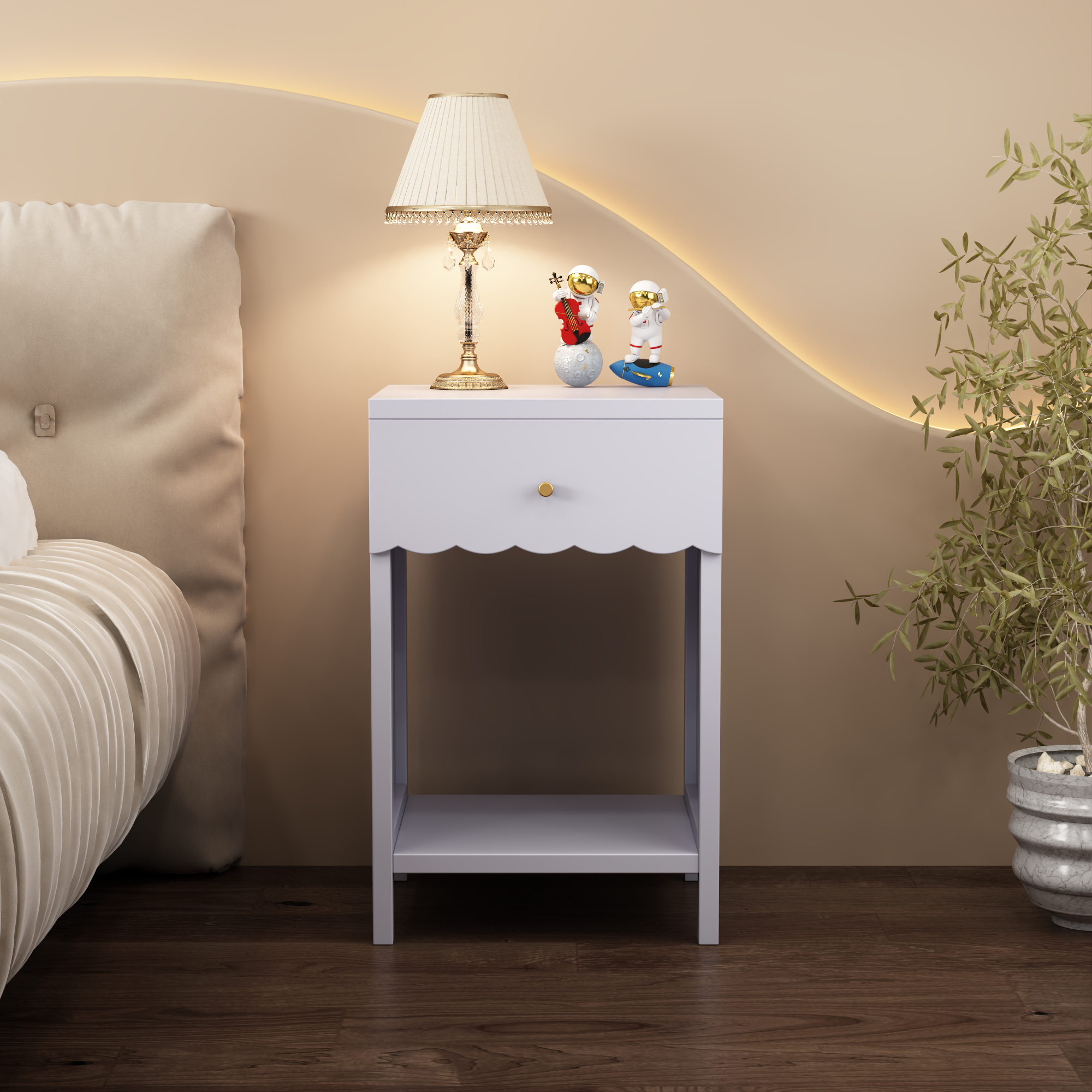 Anmytek Modern Scalloped Edge Nightstand Drawer and Open Shelf Minimalist Light Purple Bedside Side Table for Bedroom Kids Room Girls Room