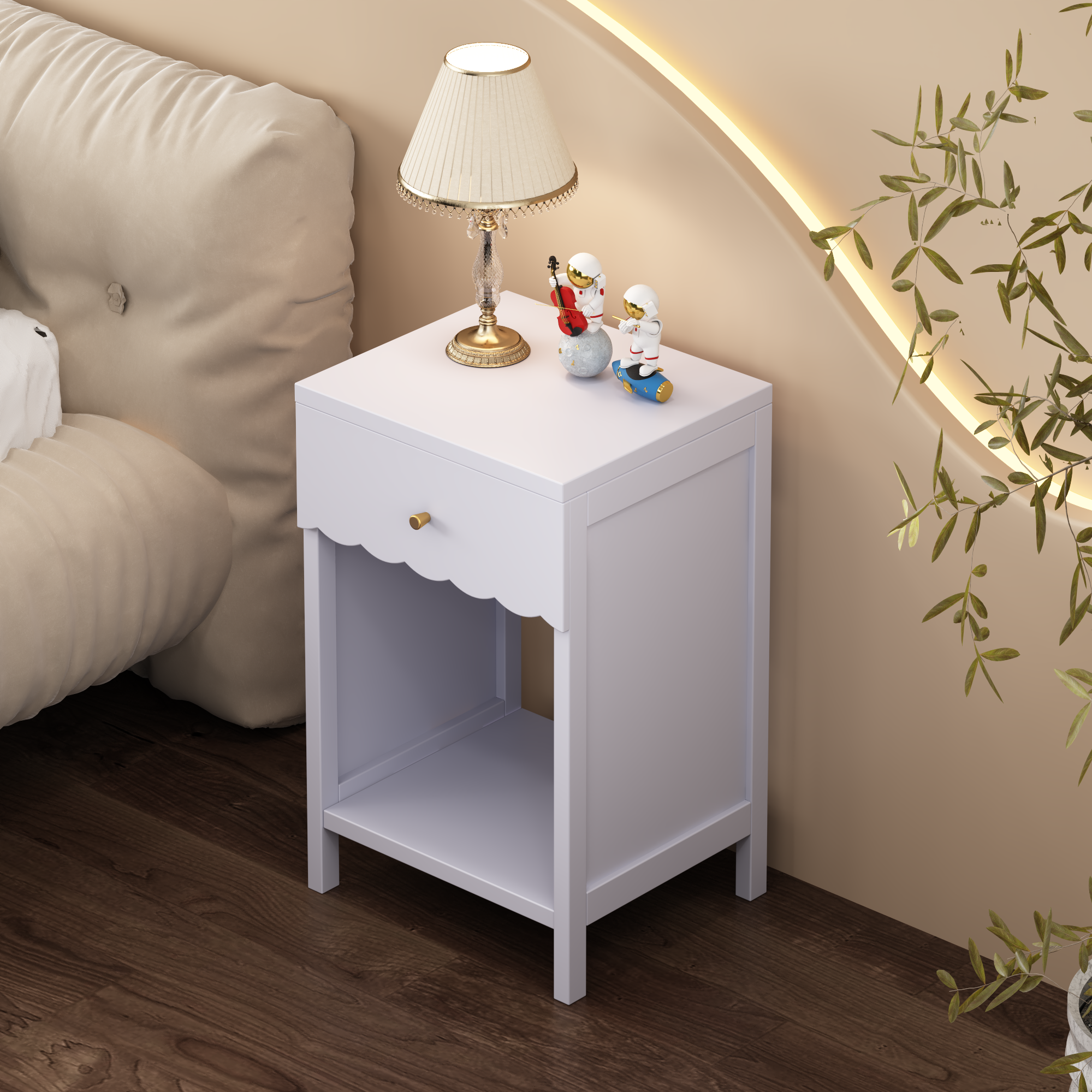Anmytek Modern Scalloped Edge Nightstand Drawer and Open Shelf Minimalist Light Purple Bedside Side Table for Bedroom Kids Room Girls Room