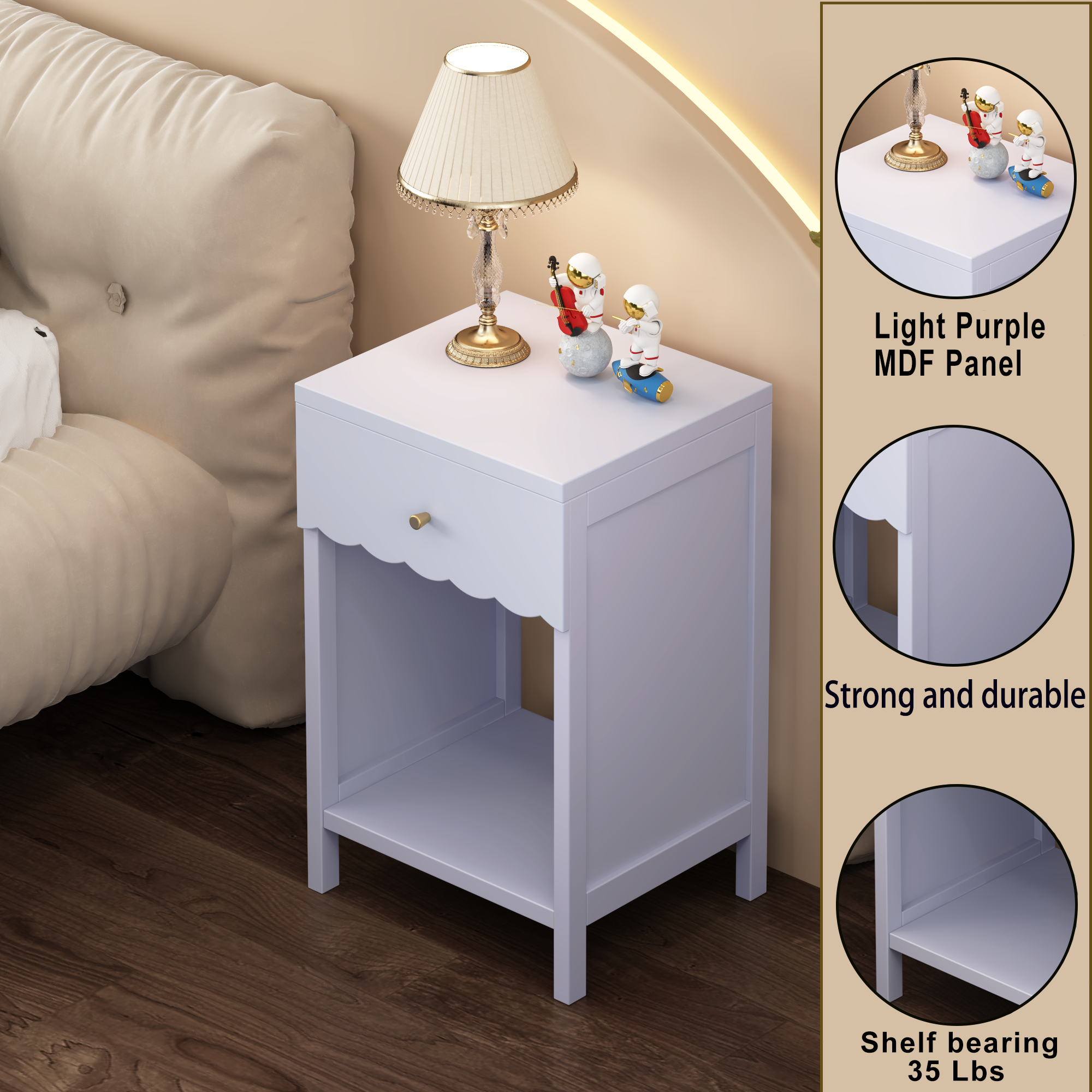 Anmytek Modern Scalloped Edge Nightstand Drawer and Open Shelf Minimalist Light Purple Bedside Side Table for Bedroom Kids Room Girls Room
