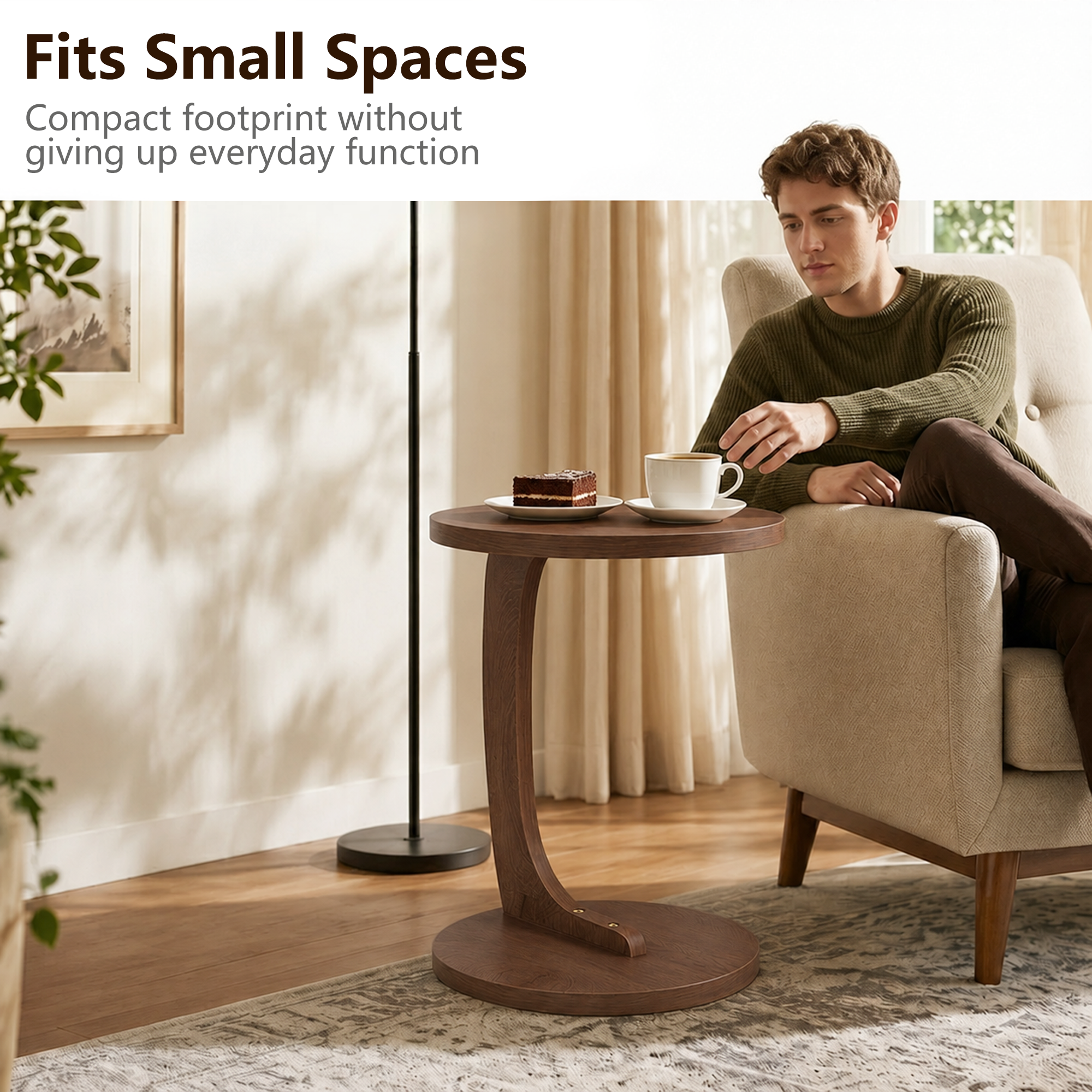 Anmytek C-Shaped End Table 14.96 x 21.65 Walnut Wood Grain Sofa Side Table Sturdy Base Narrow Snack C Table for Small Spaces Living Room Bedroom Bedside Home Office