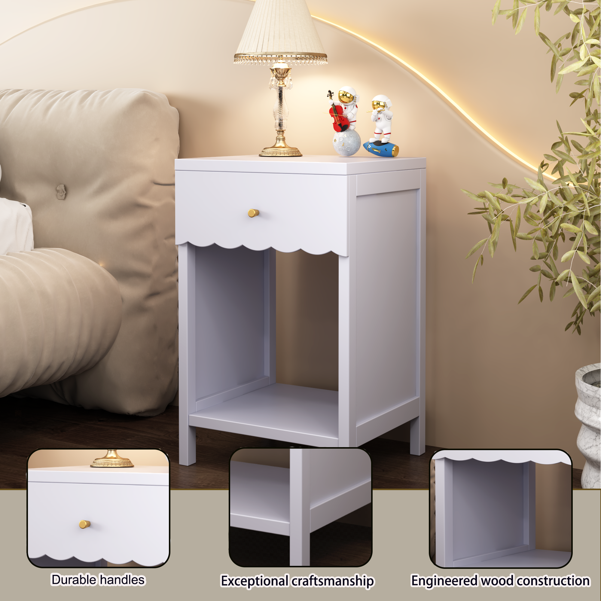 Anmytek Modern Scalloped Edge Nightstand Drawer and Open Shelf Minimalist Light Purple Bedside Side Table for Bedroom Kids Room Girls Room