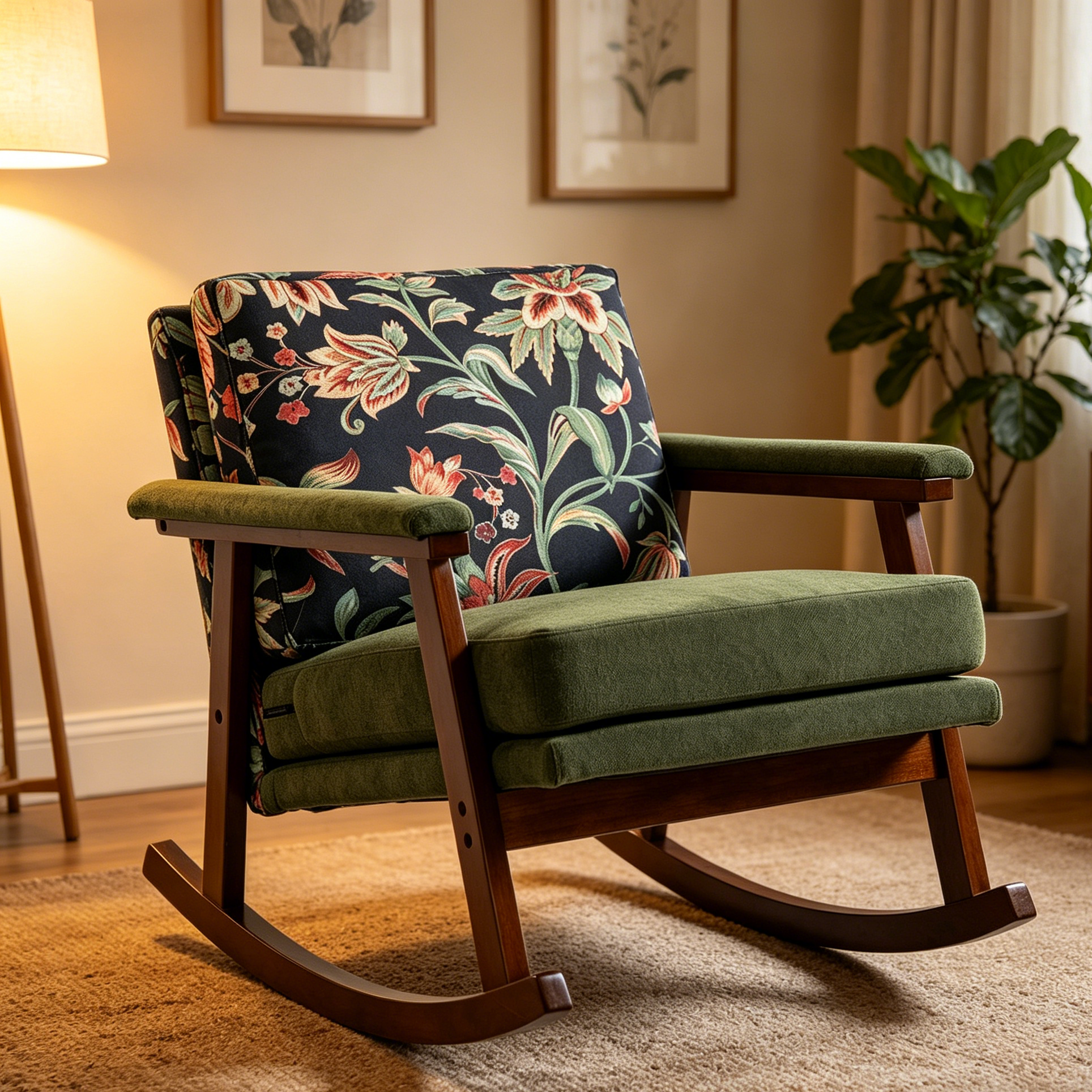 Anmytek Mid Century Modern Rocking Chair Solid Wood Frame Upholstered Accent Armchair for Living Room Bedroom Sunroom Reading