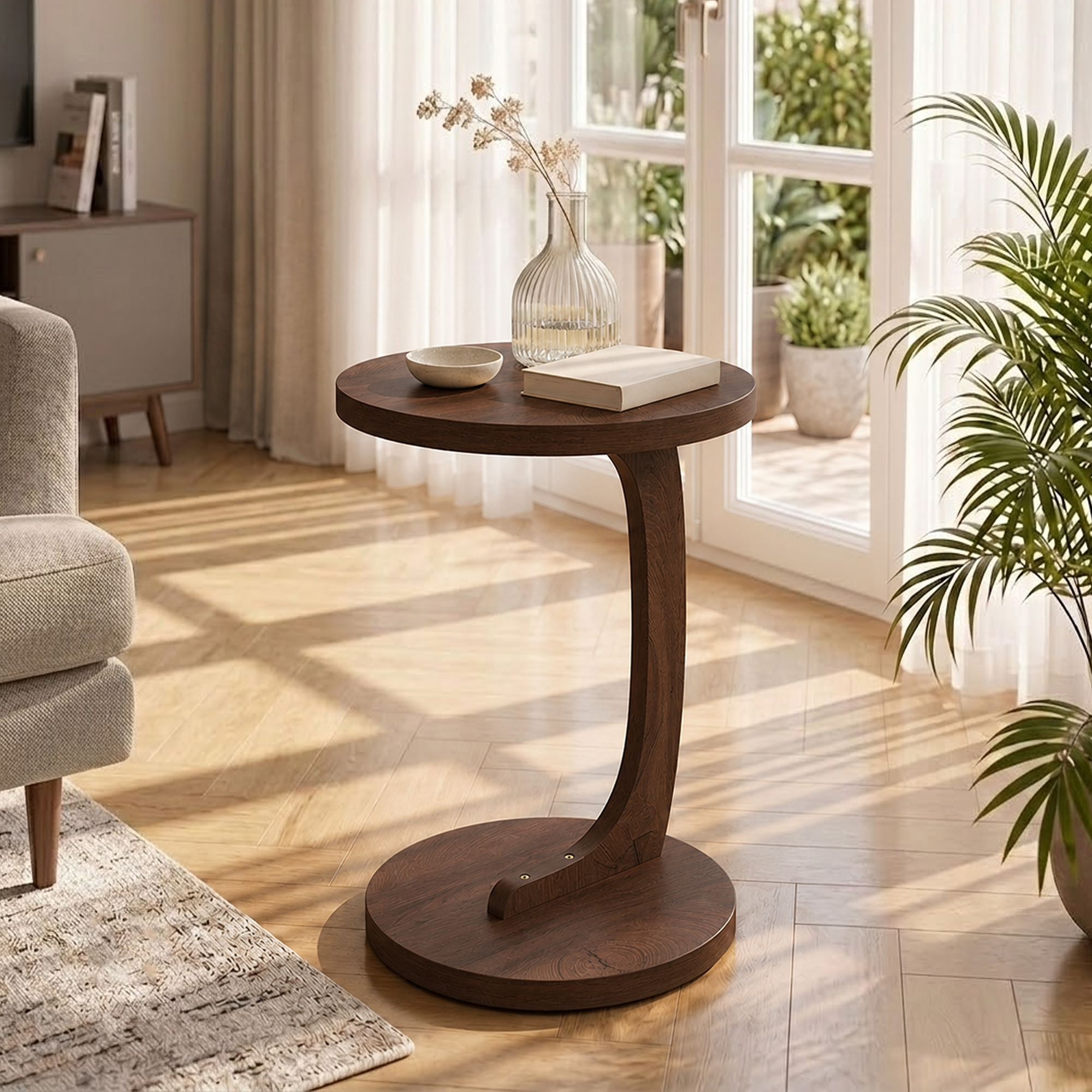 Anmytek C-Shaped End Table 14.96 x 21.65 Walnut Wood Grain Sofa Side Table Sturdy Base Narrow Snack C Table for Small Spaces Living Room Bedroom Bedside Home Office