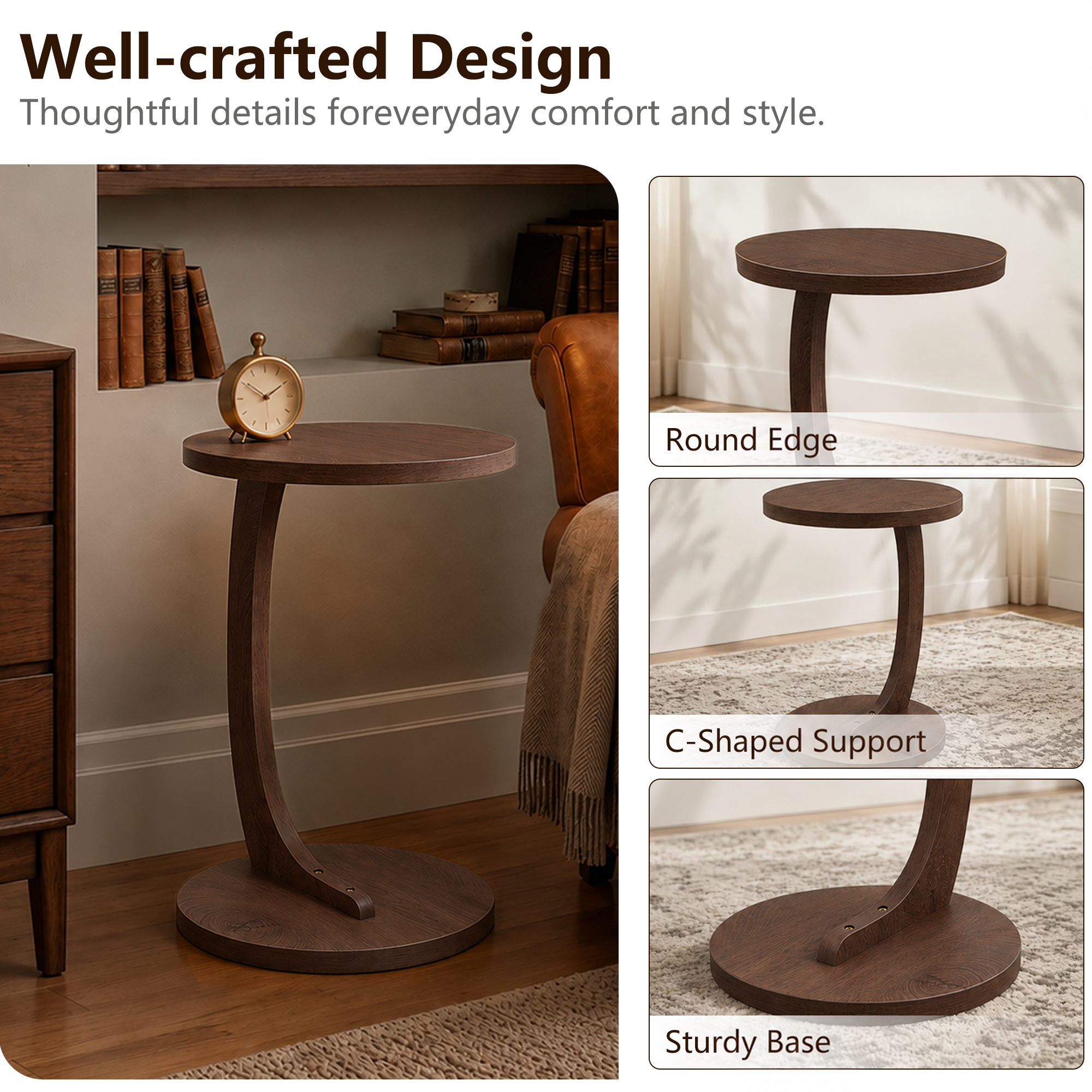 Anmytek C-Shaped End Table 14.96 x 21.65 Walnut Wood Grain Sofa Side Table Sturdy Base Narrow Snack C Table for Small Spaces Living Room Bedroom Bedside Home Office