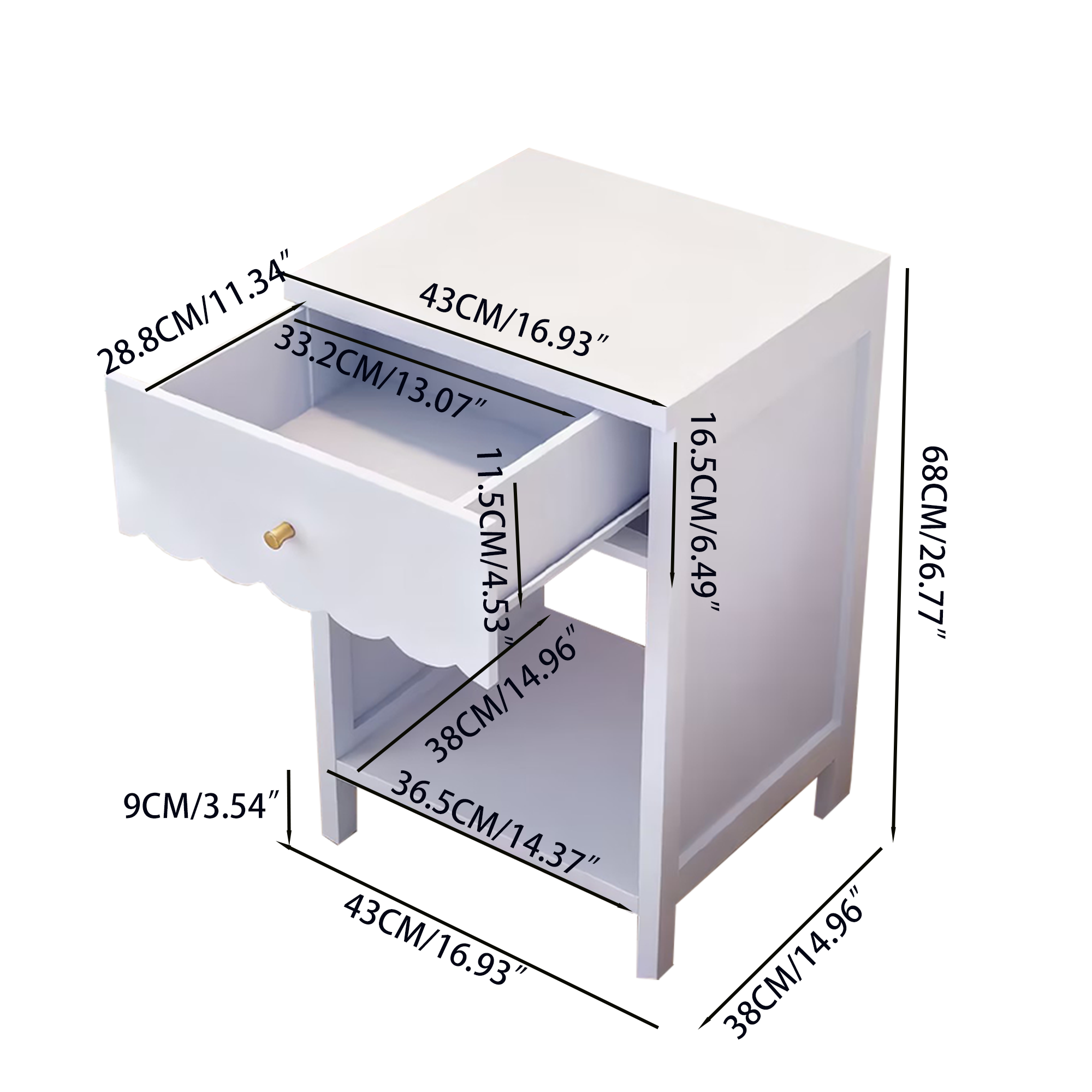 Anmytek Modern Scalloped Edge Nightstand Drawer and Open Shelf Minimalist Light Purple Bedside Side Table for Bedroom Kids Room Girls Room