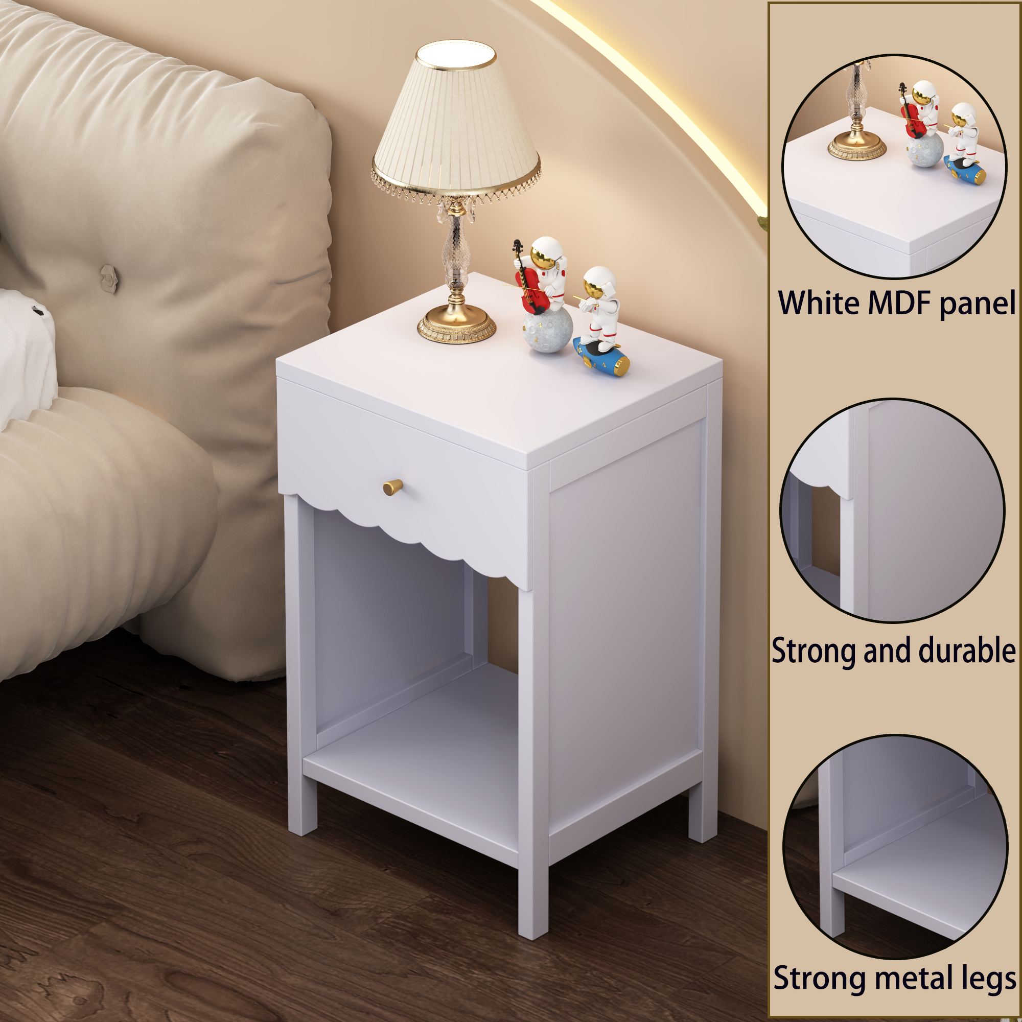 Anmytek Modern Scalloped Edge Nightstand Drawer and Open Shelf Minimalist Light Purple Bedside Side Table for Bedroom Kids Room Girls Room