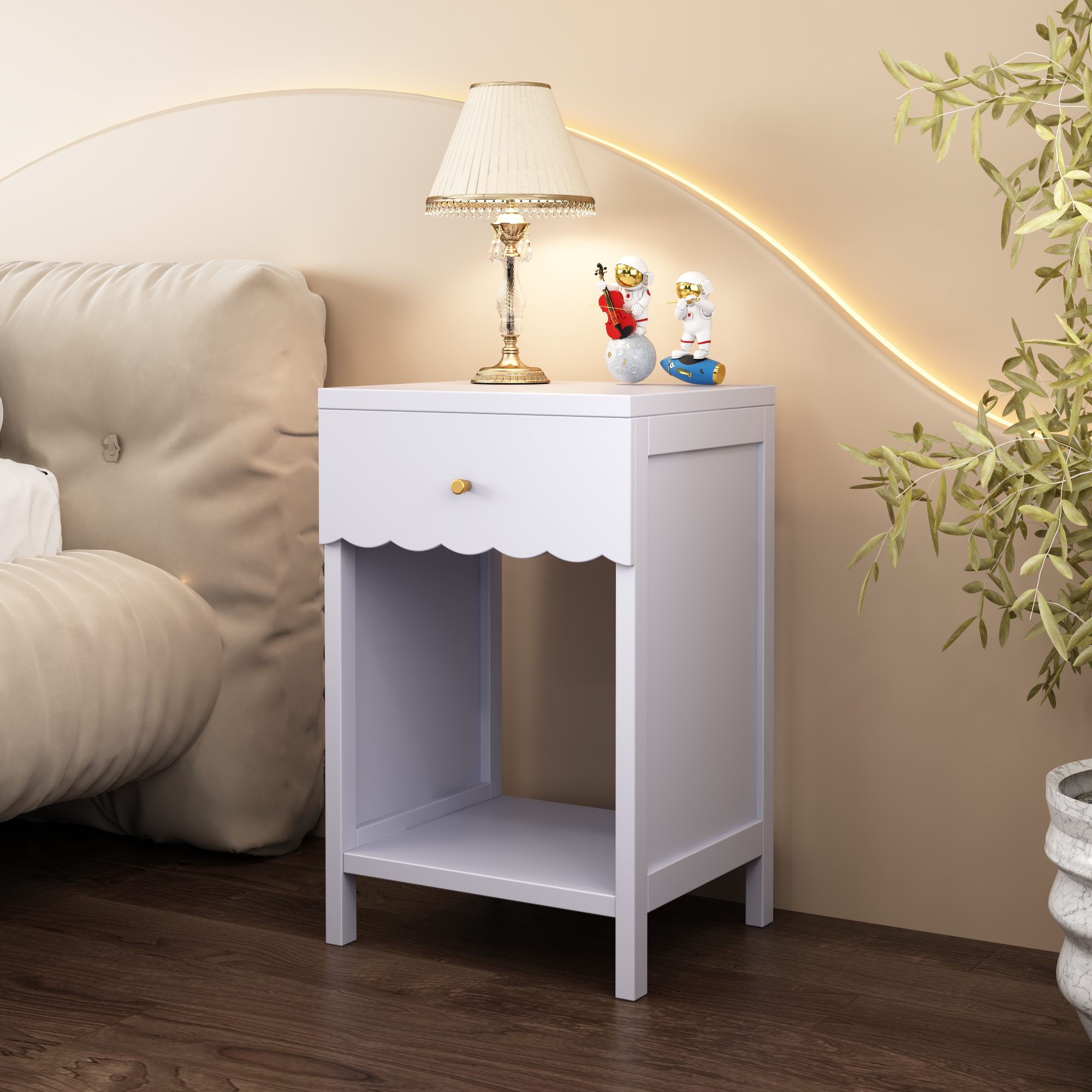 Anmytek Modern Scalloped Edge Nightstand Drawer and Open Shelf Minimalist Light Purple Bedside Side Table for Bedroom Kids Room Girls Room