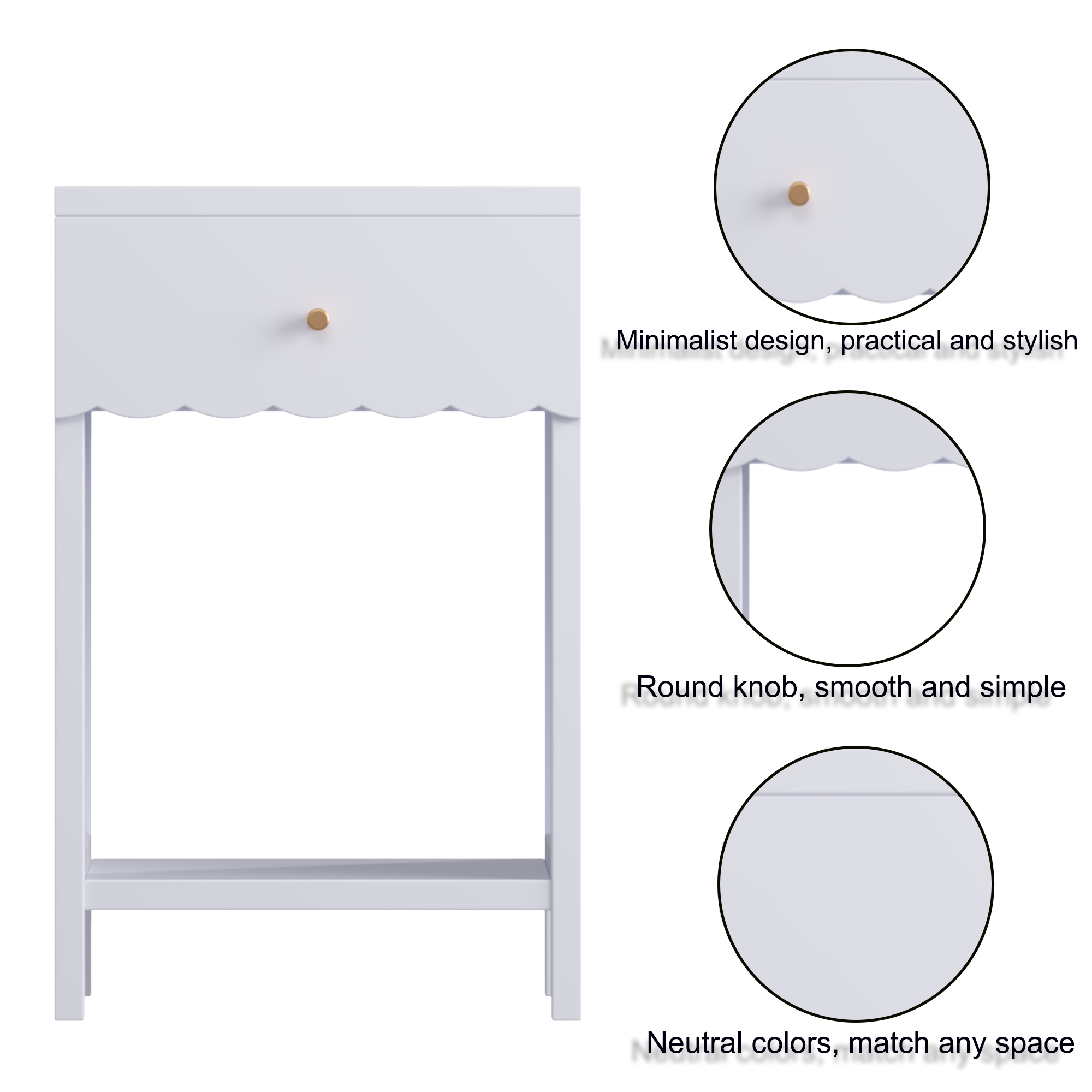 Anmytek Modern Scalloped Edge Nightstand Drawer and Open Shelf Minimalist Light Purple Bedside Side Table for Bedroom Kids Room Girls Room