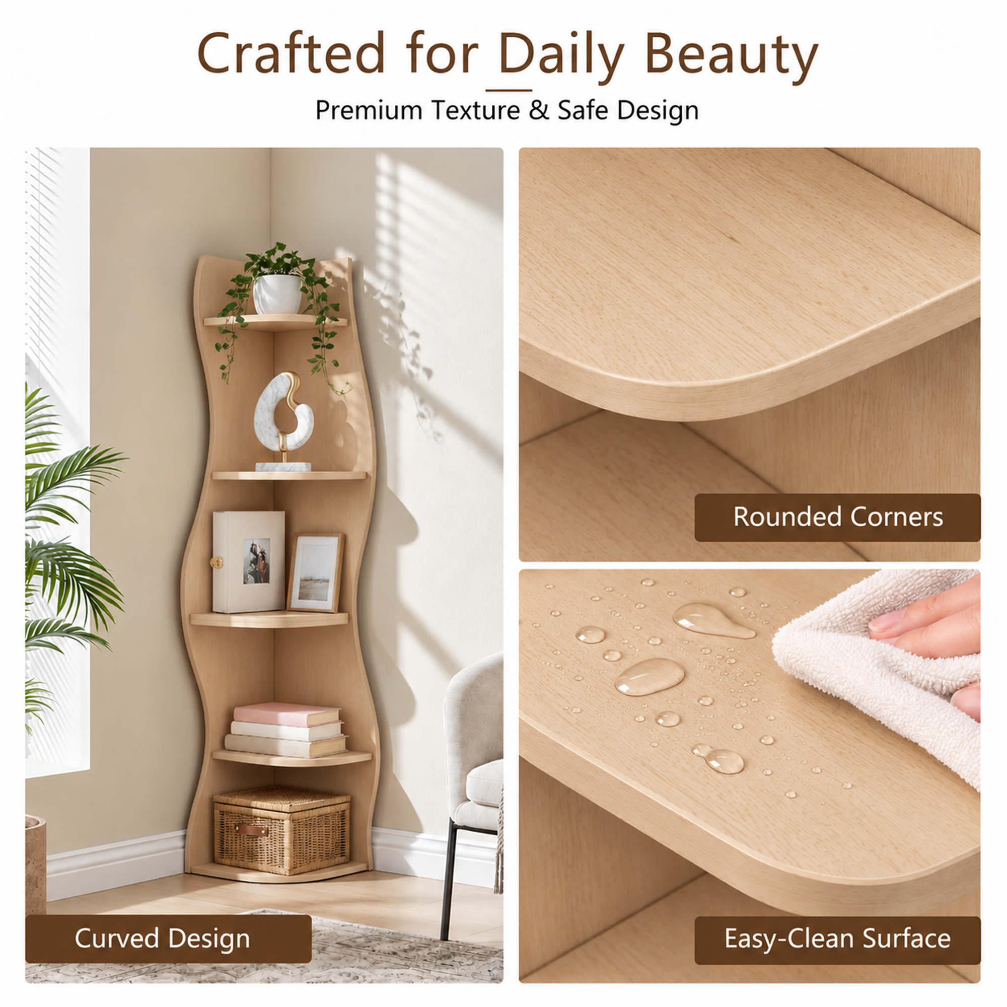 Anmytek 5 Tier Wavy Corner Bookshelf Modern Tall Corner Storage Rack Space Saving Display Stand with Rounded Edges for Living Room Bedroom Kitchen Home Office