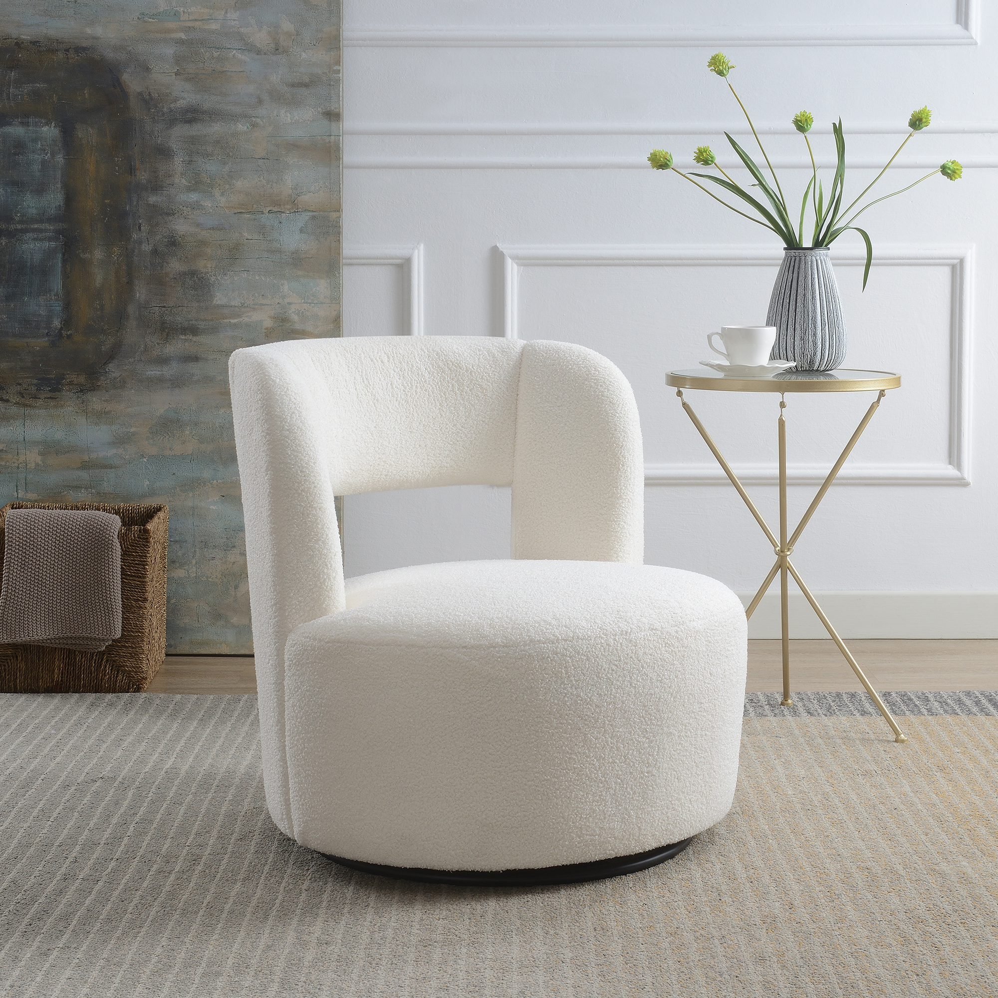 Anmytek Swivel Barrel Chair Soft Teddy Fabric Round Accent Chair Comfy Upholstered Chair for Living Room Bedroom Reading Waitingroom Teddy Cream