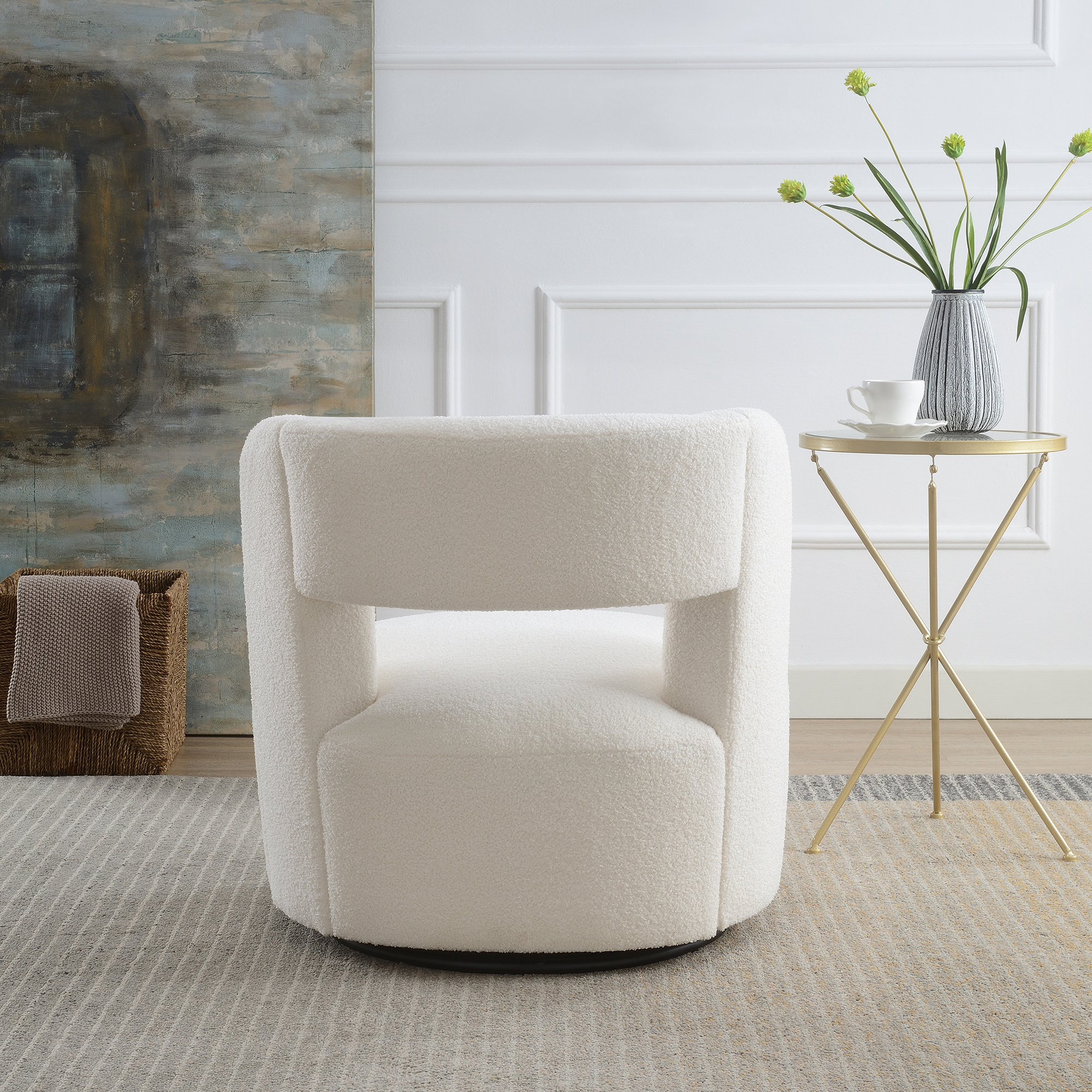 Anmytek Swivel Barrel Chair Soft Teddy Fabric Round Accent Chair Comfy Upholstered Chair for Living Room Bedroom Reading Waitingroom Teddy Cream