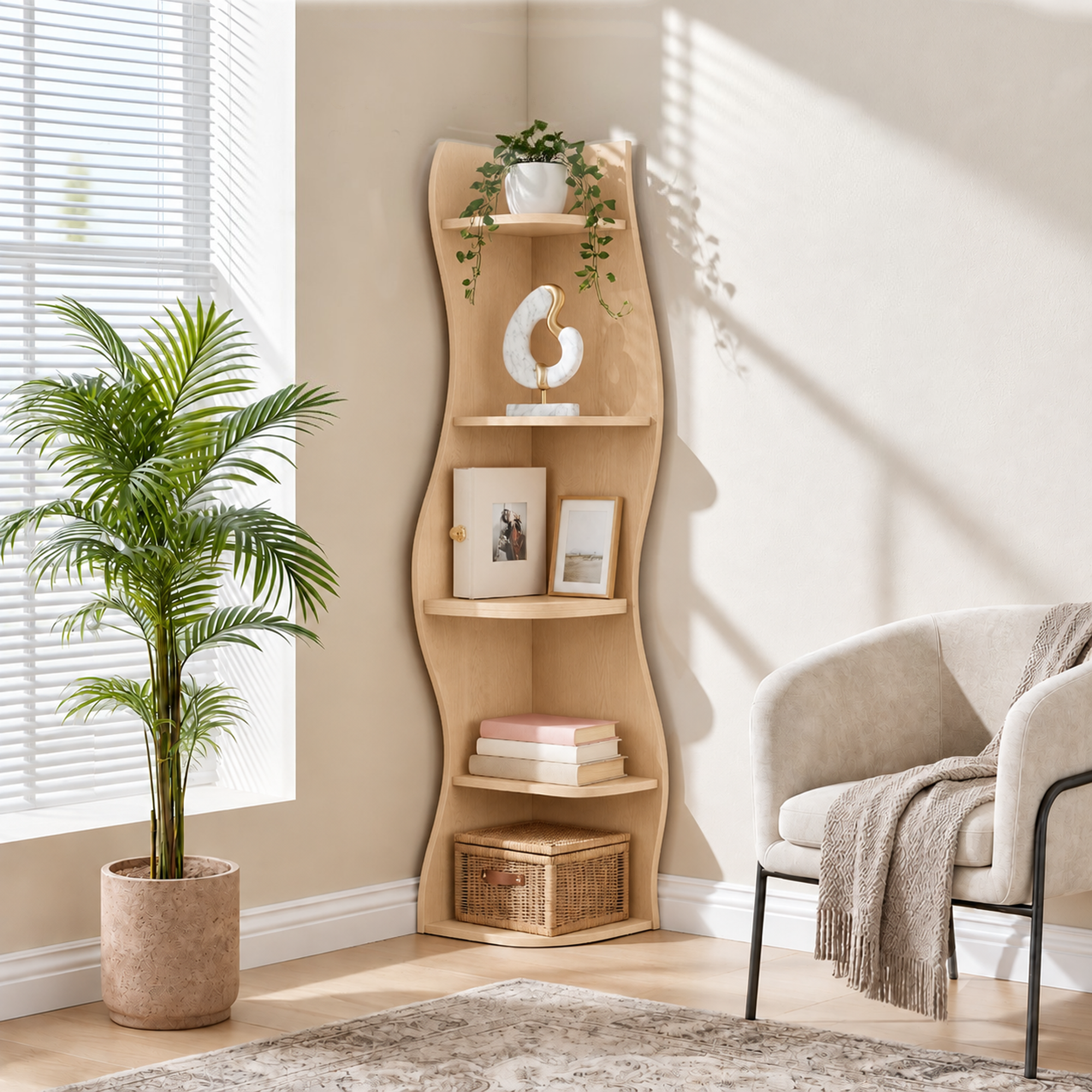 Anmytek 5 Tier Wavy Corner Bookshelf Modern Tall Corner Storage Rack Space Saving Display Stand with Rounded Edges for Living Room Bedroom Kitchen Home Office