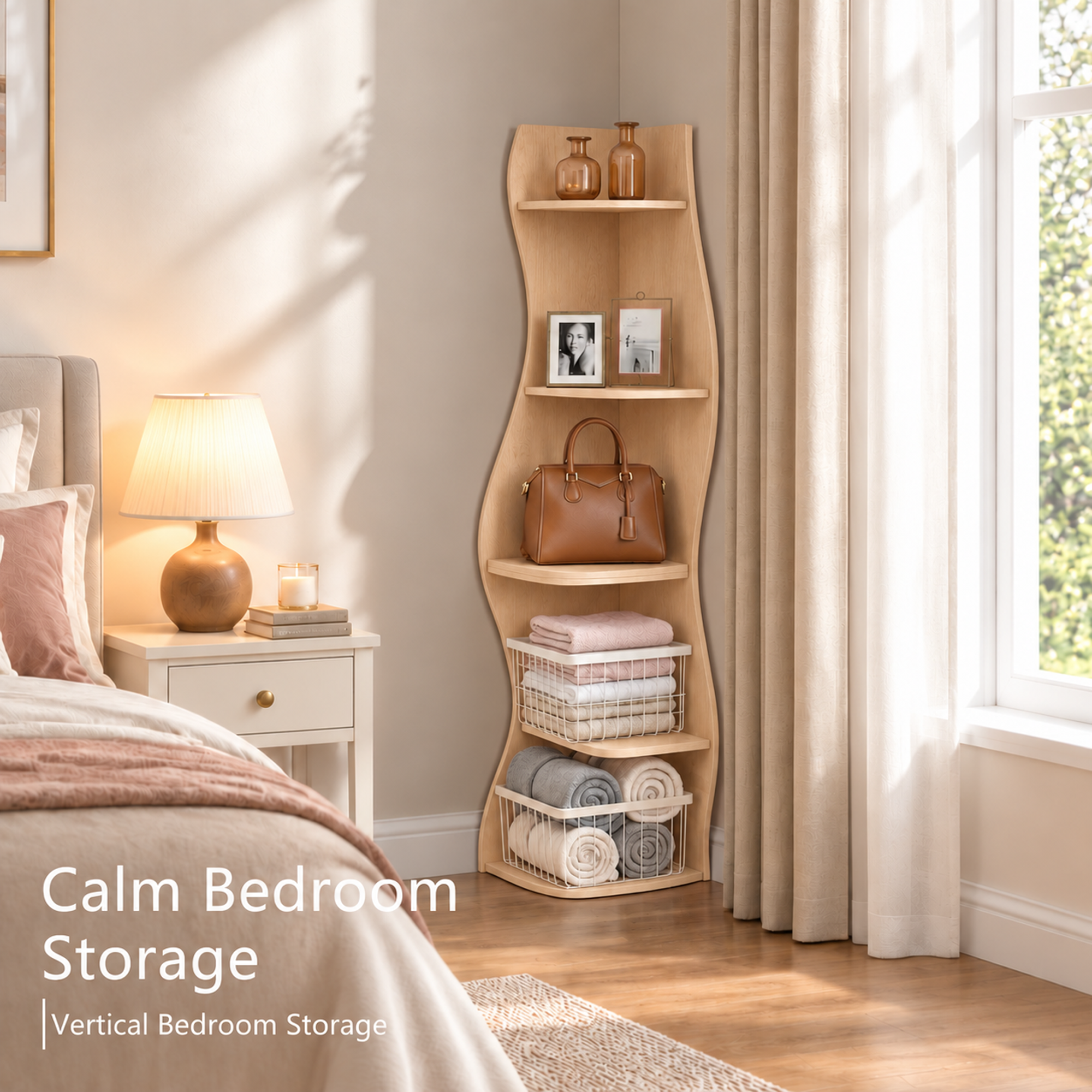 Anmytek 5 Tier Wavy Corner Bookshelf Modern Tall Corner Storage Rack Space Saving Display Stand with Rounded Edges for Living Room Bedroom Kitchen Home Office