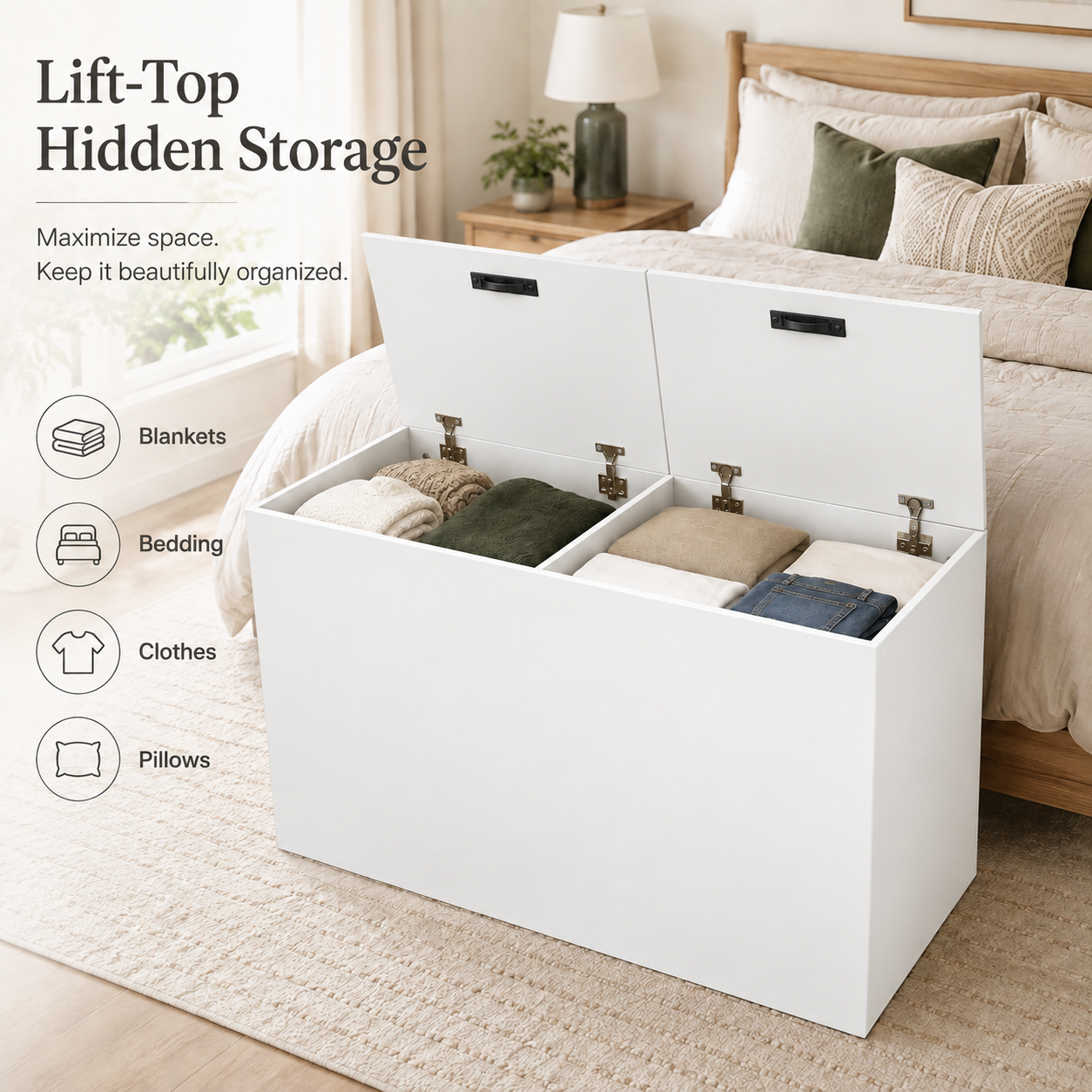 Anmytek White Wooden Lift Top Storage Bench 39 x 11 x 15 inch Modular Storage Cabinet Narrow Space Organizer Combinable Storage Chest for Bedroom Living Room Entryway