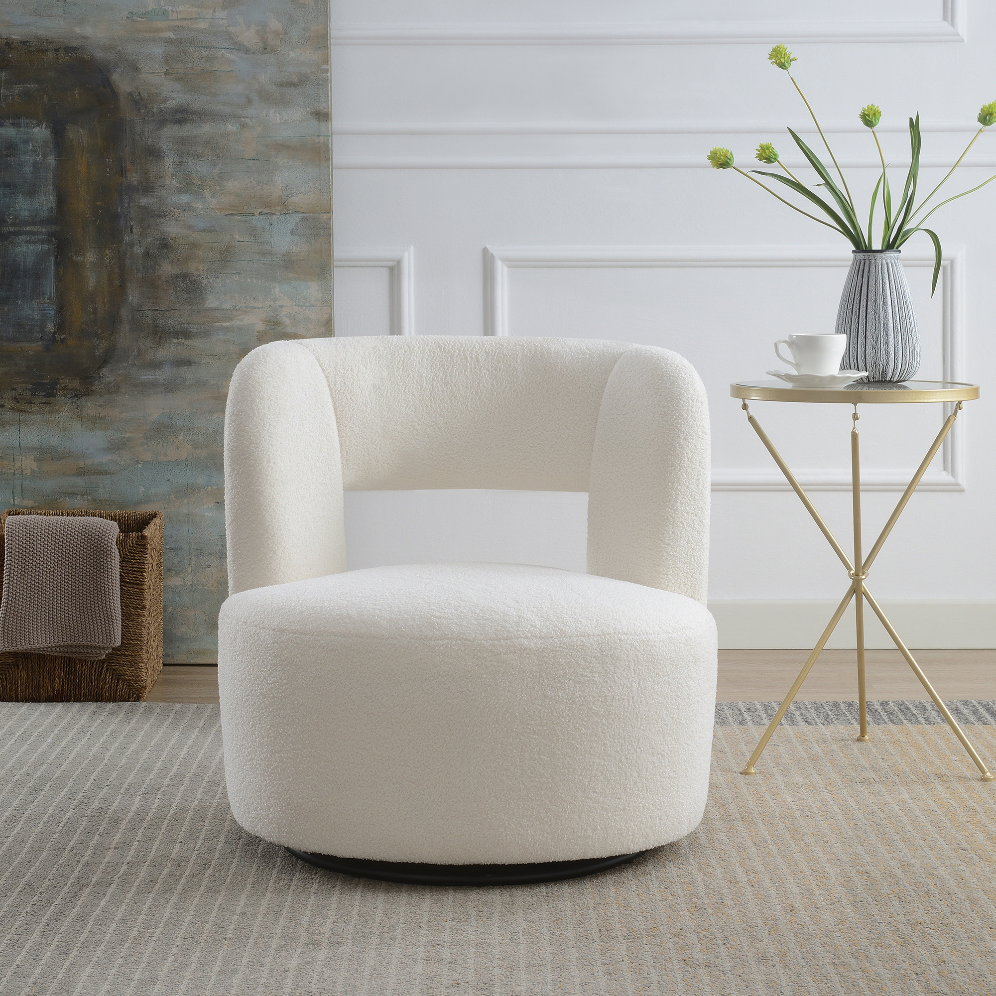 Anmytek Swivel Barrel Chair Soft Teddy Fabric Round Accent Chair Comfy Upholstered Chair for Living Room Bedroom Reading Waitingroom Teddy Cream