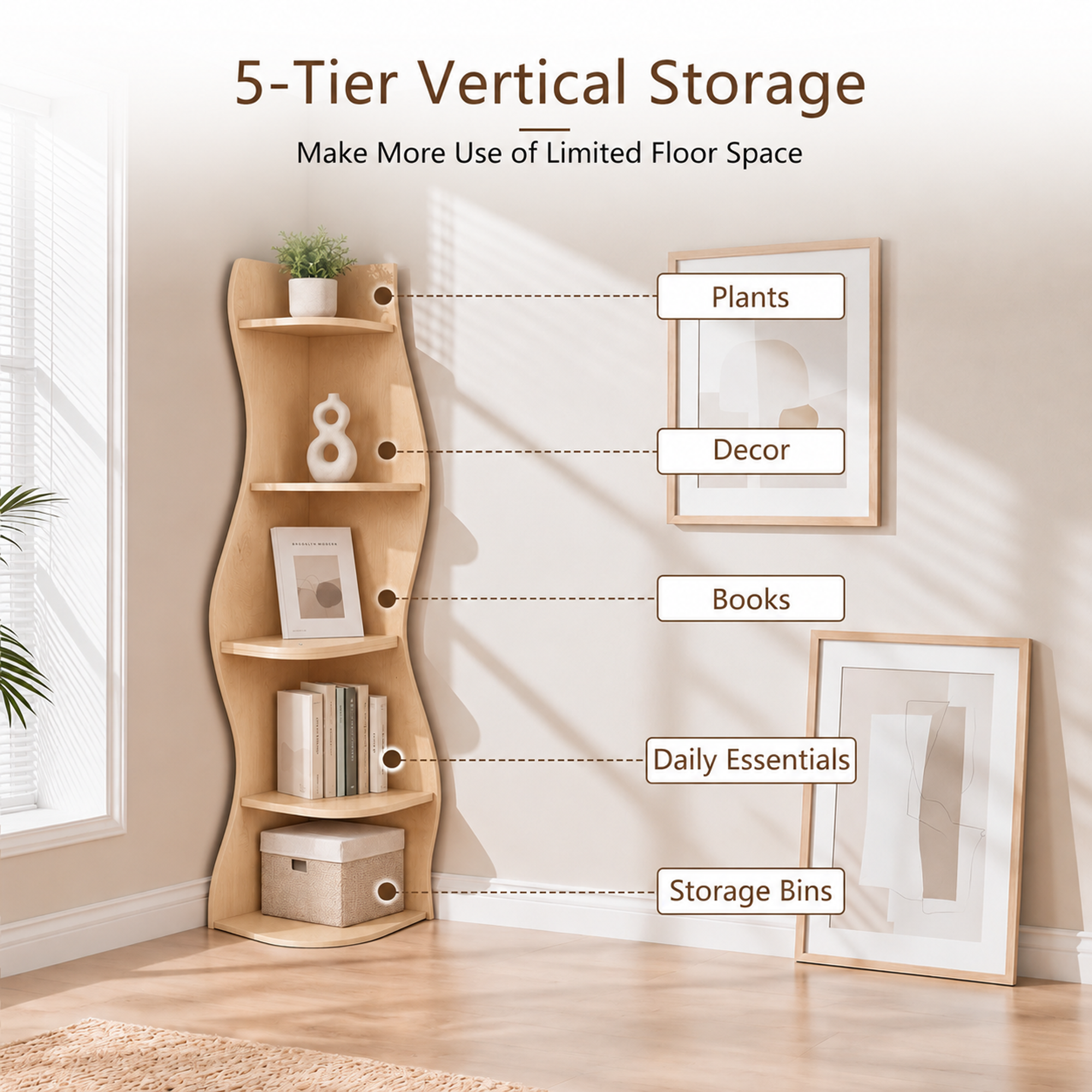 Anmytek 5 Tier Wavy Corner Bookshelf Modern Tall Corner Storage Rack Space Saving Display Stand with Rounded Edges for Living Room Bedroom Kitchen Home Office
