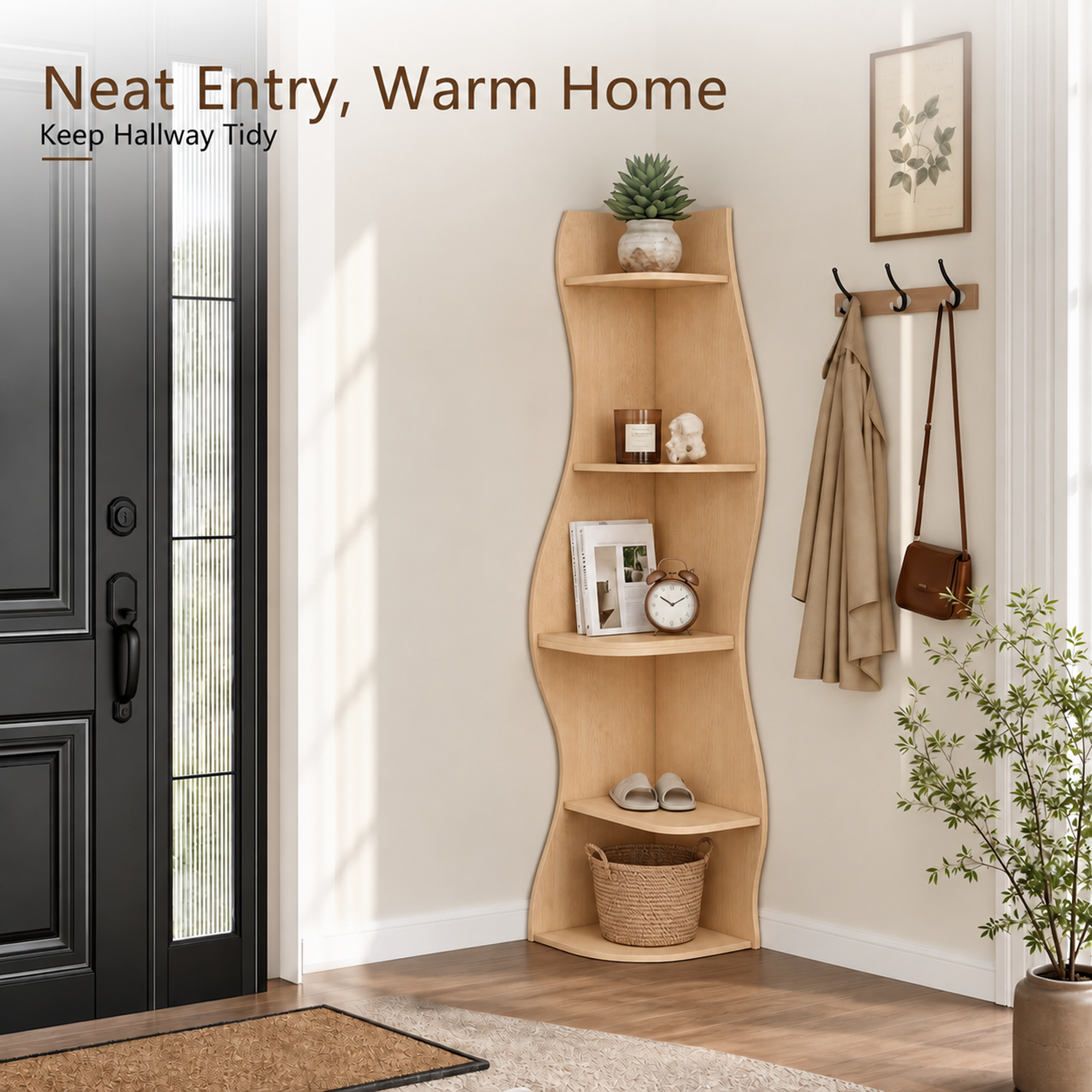 Anmytek 5 Tier Wavy Corner Bookshelf Modern Tall Corner Storage Rack Space Saving Display Stand with Rounded Edges for Living Room Bedroom Kitchen Home Office