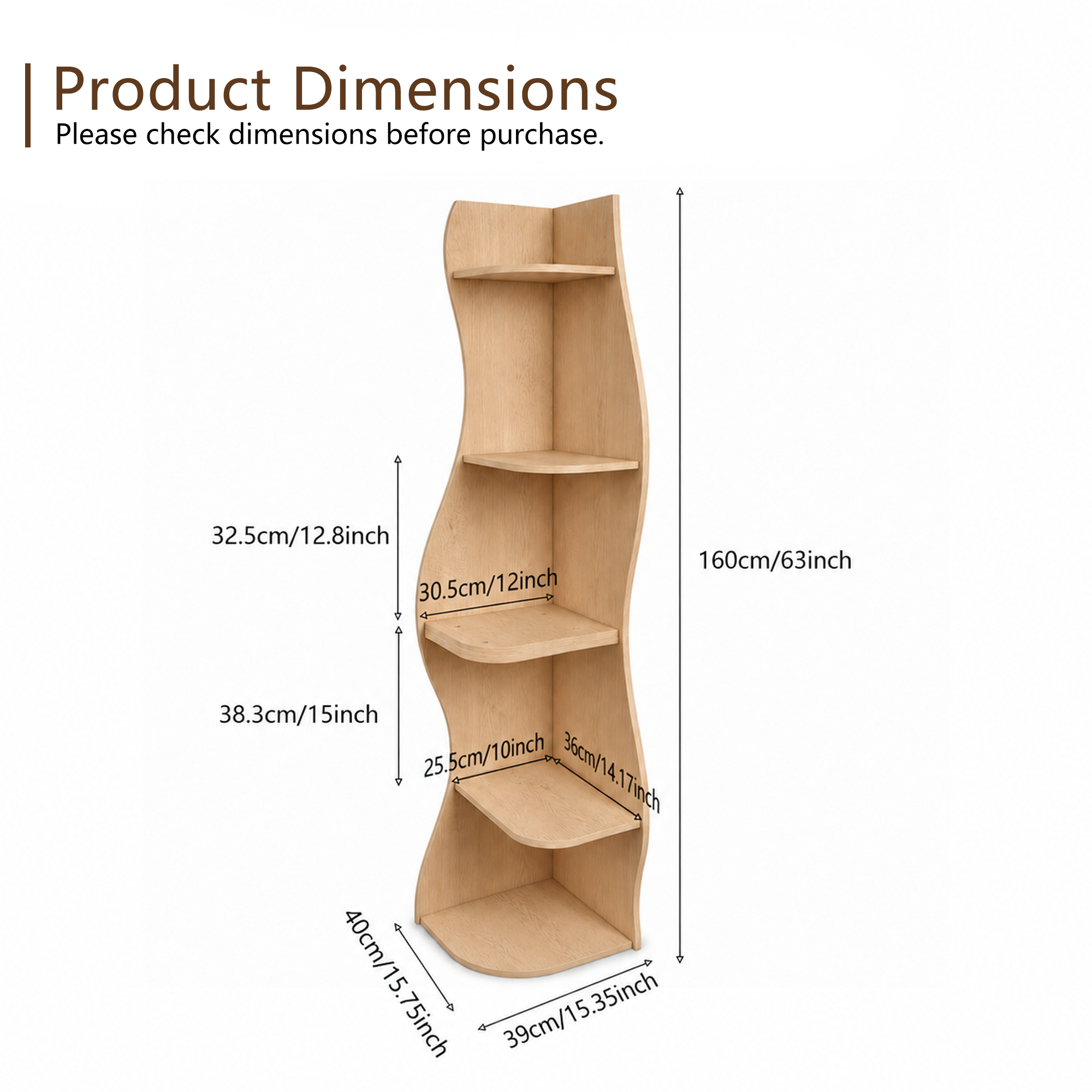 Anmytek 5 Tier Wavy Corner Bookshelf Modern Tall Corner Storage Rack Space Saving Display Stand with Rounded Edges for Living Room Bedroom Kitchen Home Office