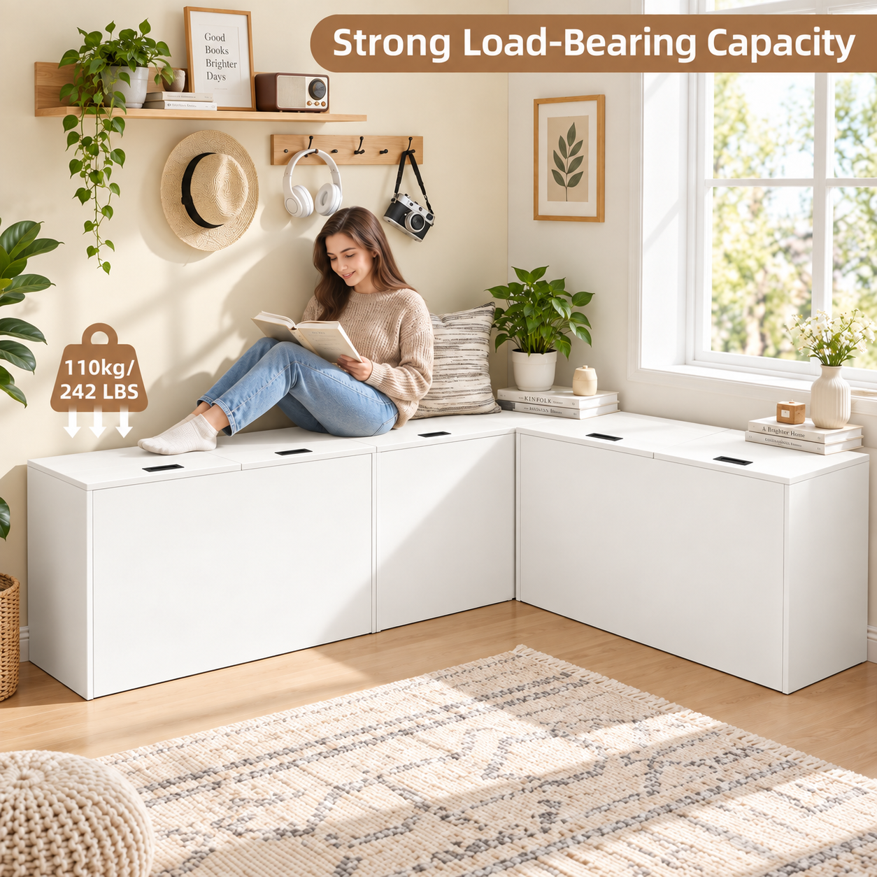 Anmytek White Wooden Lift Top Storage Bench 39 x 11 x 15 inch Modular Storage Cabinet Narrow Space Organizer Combinable Storage Chest for Bedroom Living Room Entryway