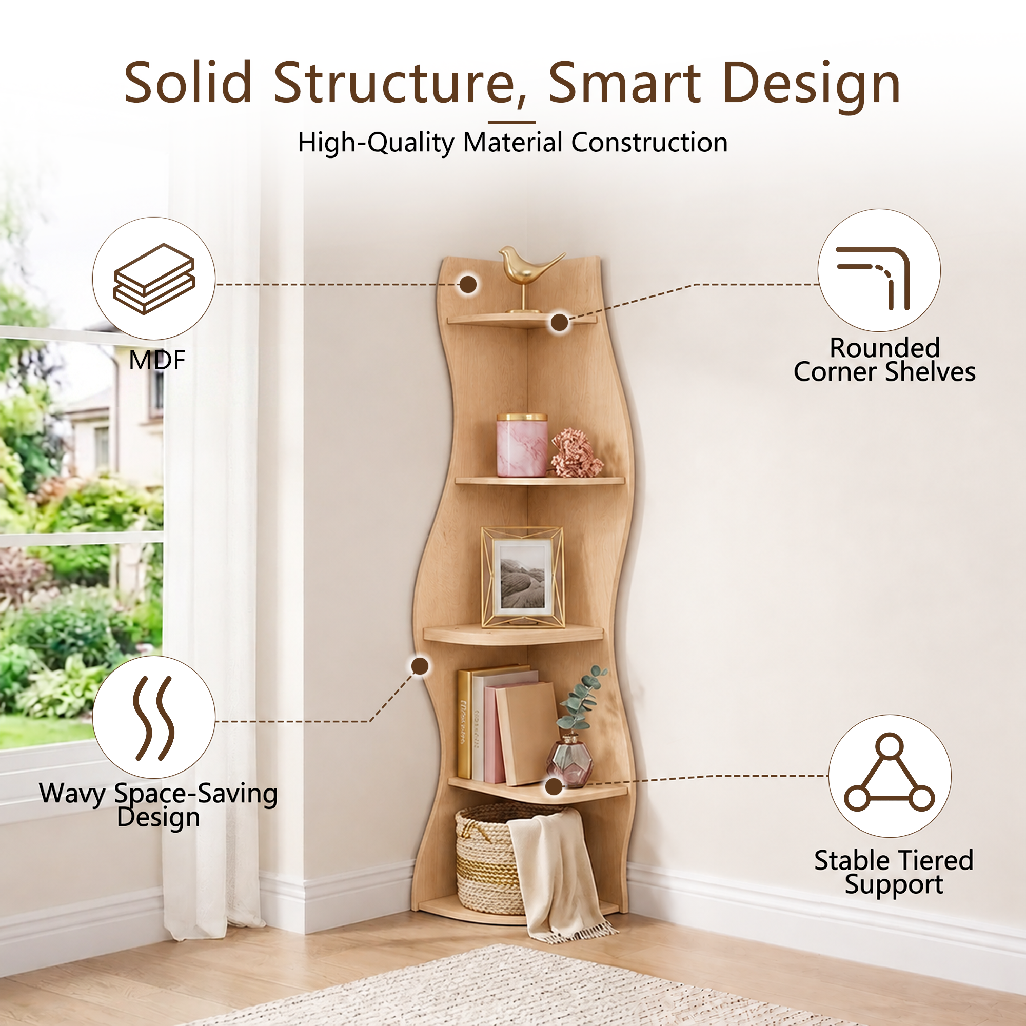 Anmytek 5 Tier Wavy Corner Bookshelf Modern Tall Corner Storage Rack Space Saving Display Stand with Rounded Edges for Living Room Bedroom Kitchen Home Office