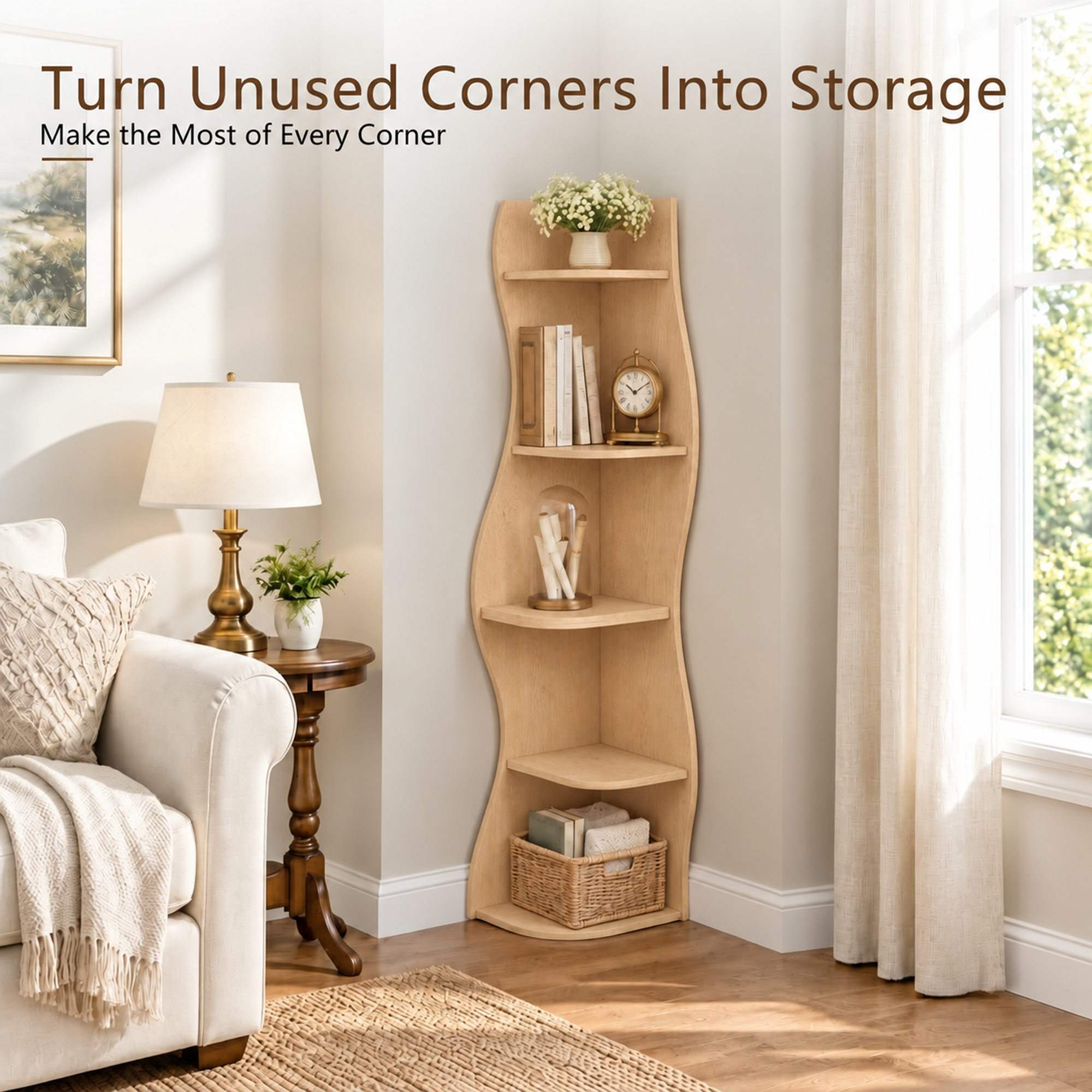 Anmytek 5 Tier Wavy Corner Bookshelf Modern Tall Corner Storage Rack Space Saving Display Stand with Rounded Edges for Living Room Bedroom Kitchen Home Office