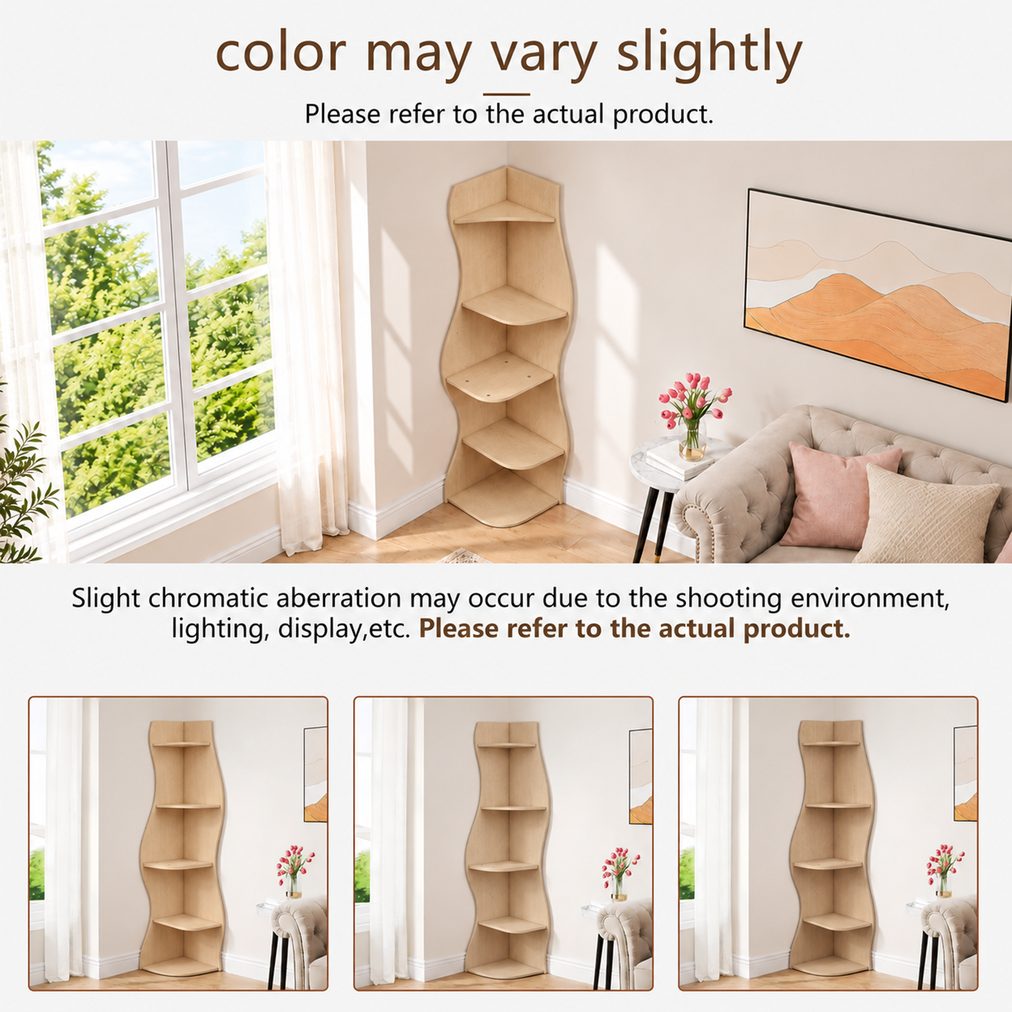Anmytek 5 Tier Wavy Corner Bookshelf Modern Tall Corner Storage Rack Space Saving Display Stand with Rounded Edges for Living Room Bedroom Kitchen Home Office