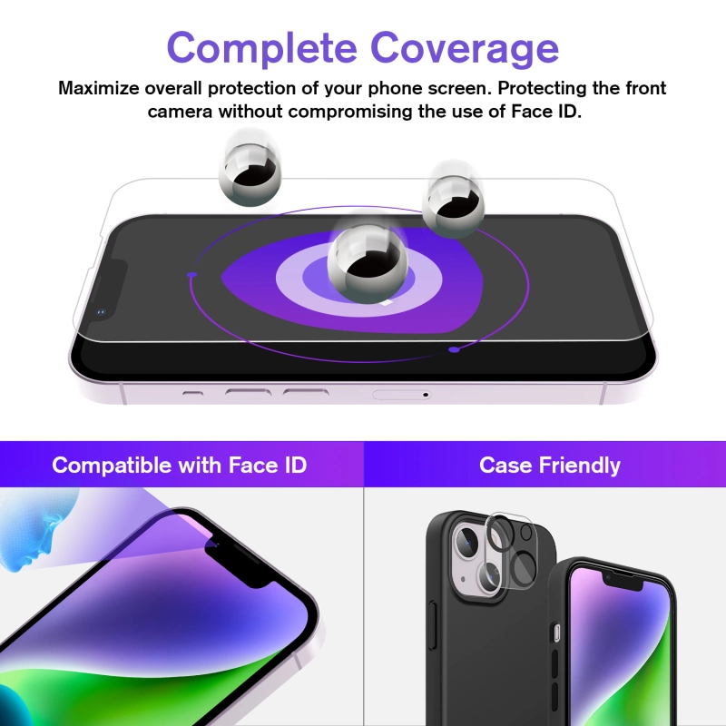 Tempered Glass Screen Protector Compatible with iPhone 14 (6.1 inch, 2022) with Camera Lens Protector, [9H Hardness] [EZ Kit] [Automatic Alignment] [C