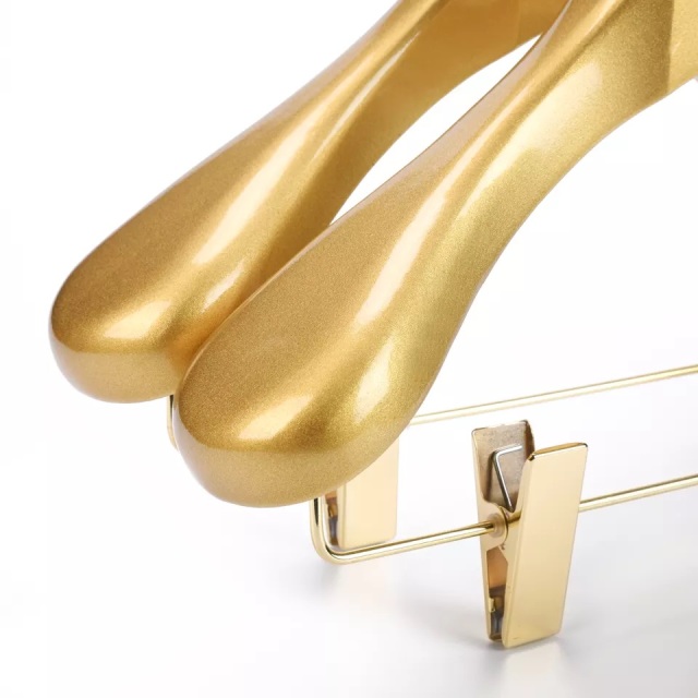 Deluxe Shiny Gold Color Wooden Coat Hanger With Clips