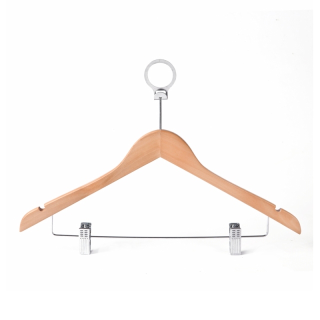 Natural Color Hotel Wooden Hanger With Anti-Theft Ring And Pants Clips