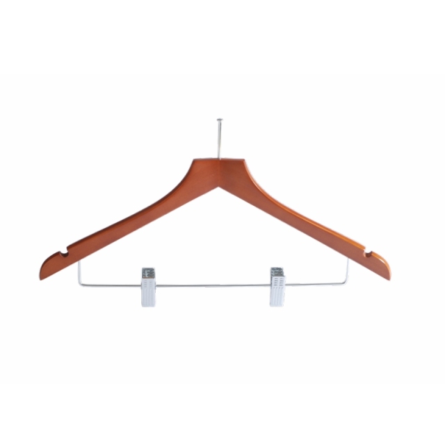 Cherry Color Anti Theft Wooden Hotel Hangers With Metal Clips For Dress Skirts