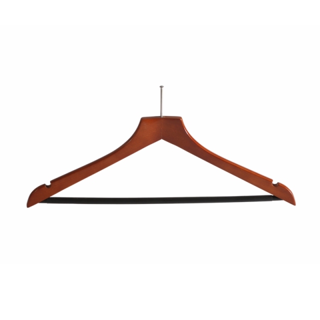 Cherry Color Wooden Hotel Hangers With Anti Theft Hook And Black Wooden Bar