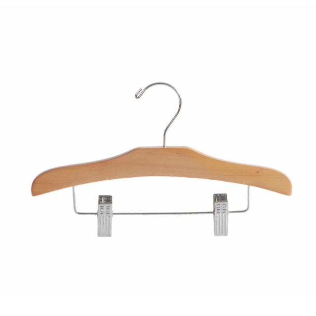 Natural Wood Children Kids Hangers With Metal Clips Pants Bar