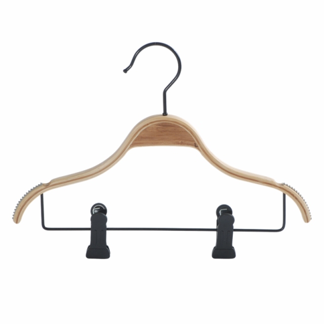 High Quality Natural Bamboo Kids Baby Children Clothing Hangers With Black Clips