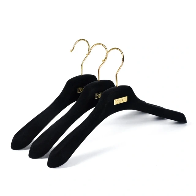 Luxury Black Velvet Plastic Wedding Dress Suit Coat Hangers With Gold Clips For Garment