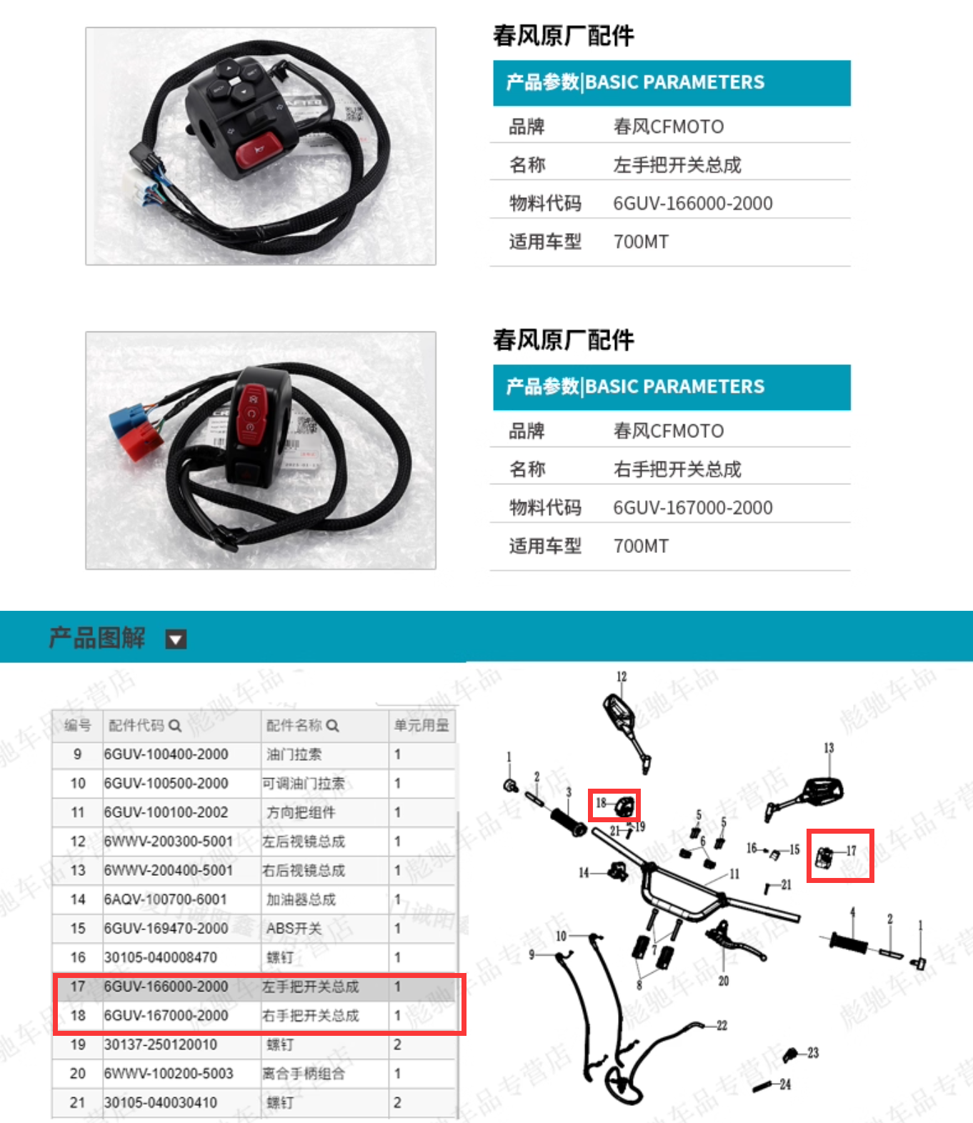 Motorcycle Left and right Handle Switch Assembly For CFMOTO