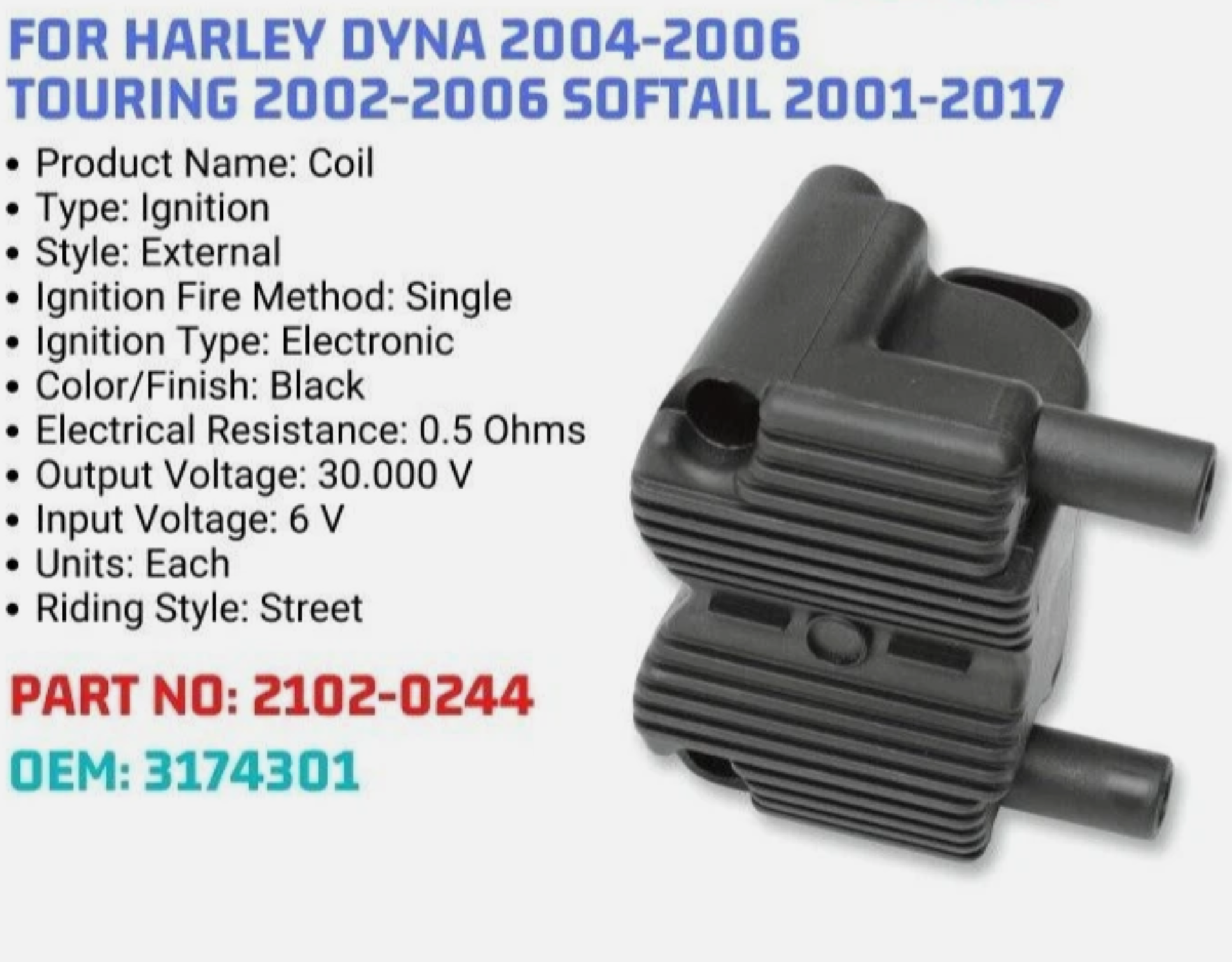 Lgnition Coil Single Fire 31743-01 For Harley Softail Touring Dyna Delphi FI