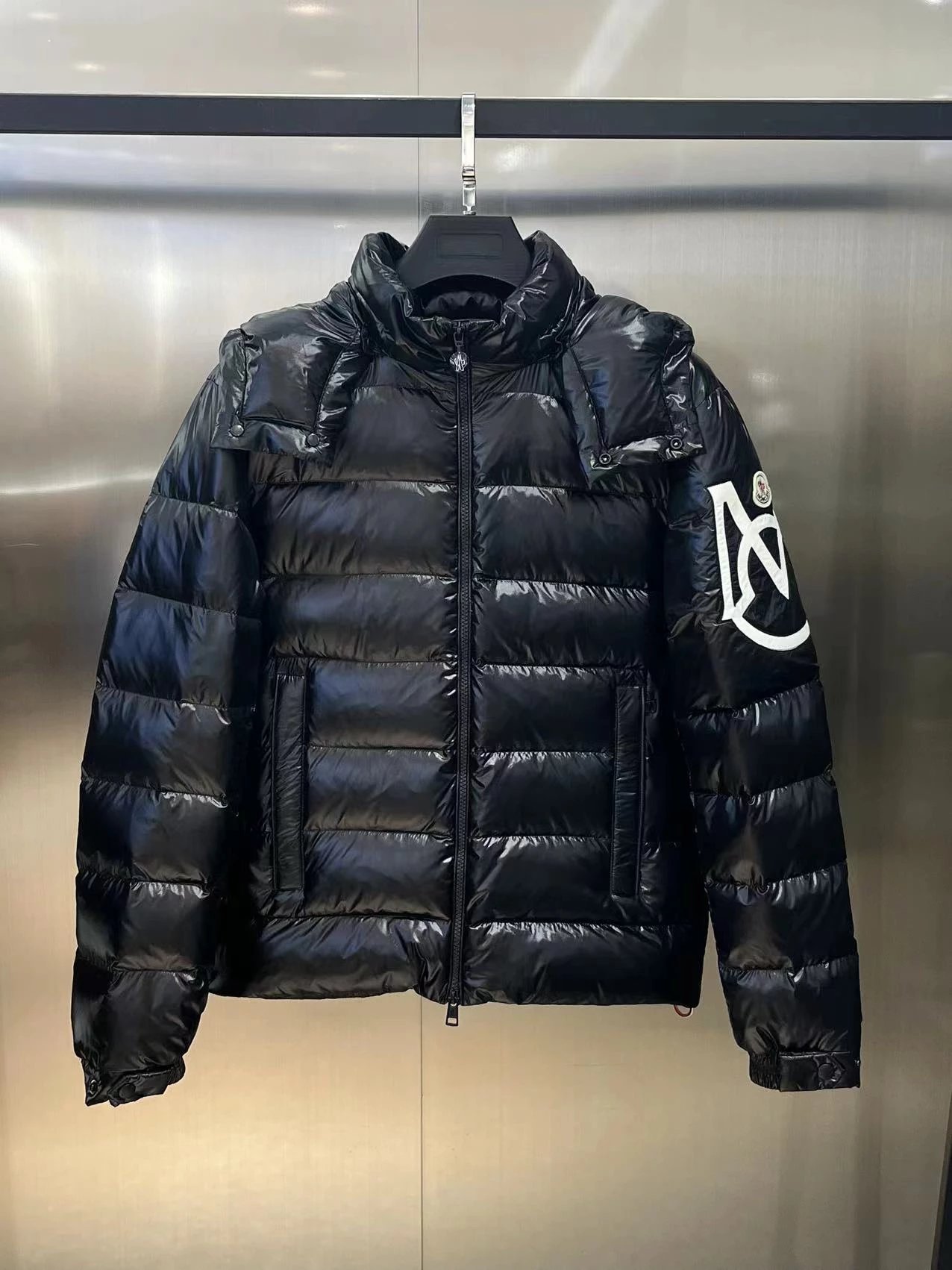 M0ncler arm logo down jacket black
