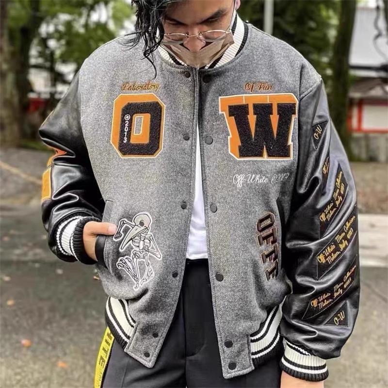 Off White skeleton flying bird baseball jacket black grey